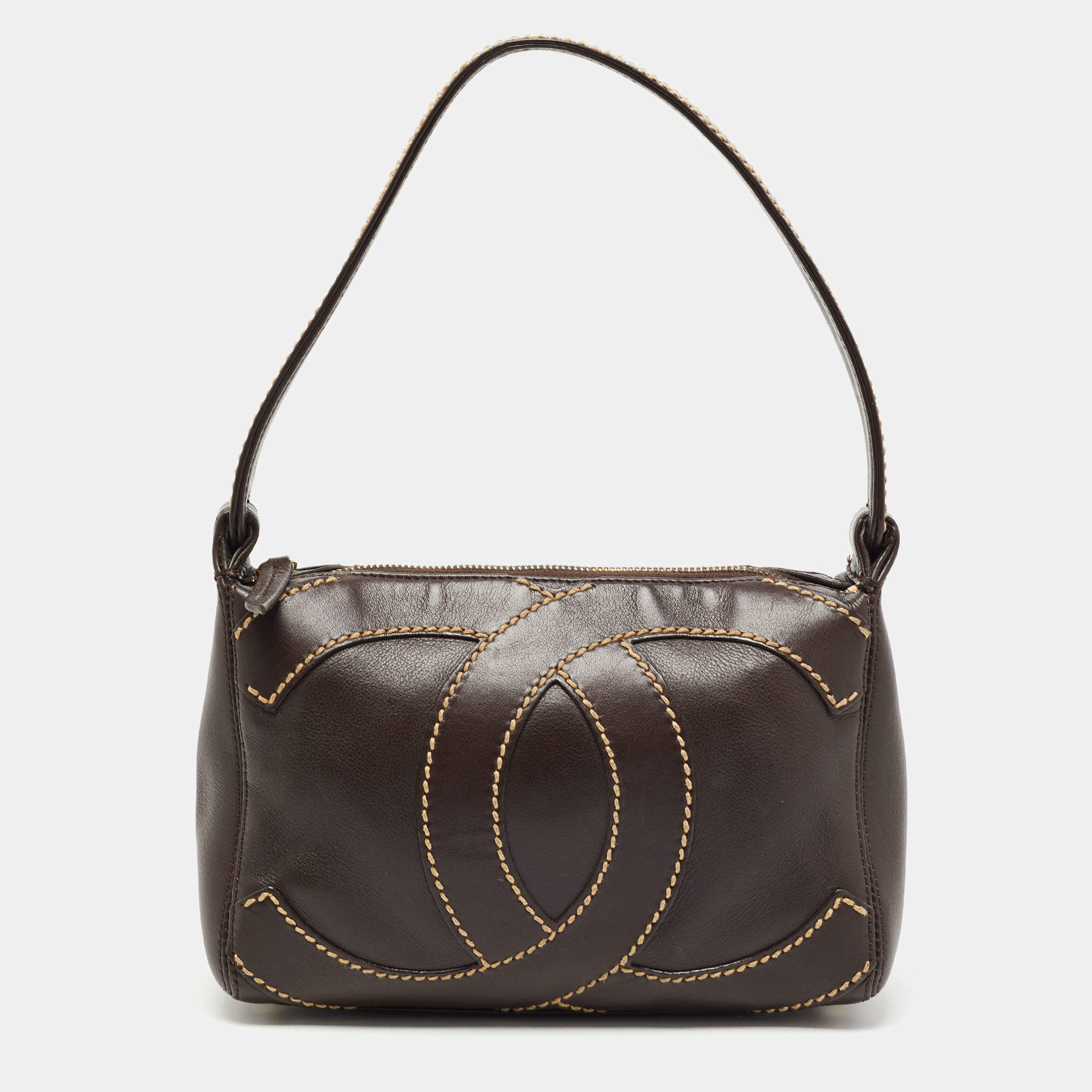 Pre Owned Chanel Dark Brown Leather Wild Stitch CC Baguette Bag