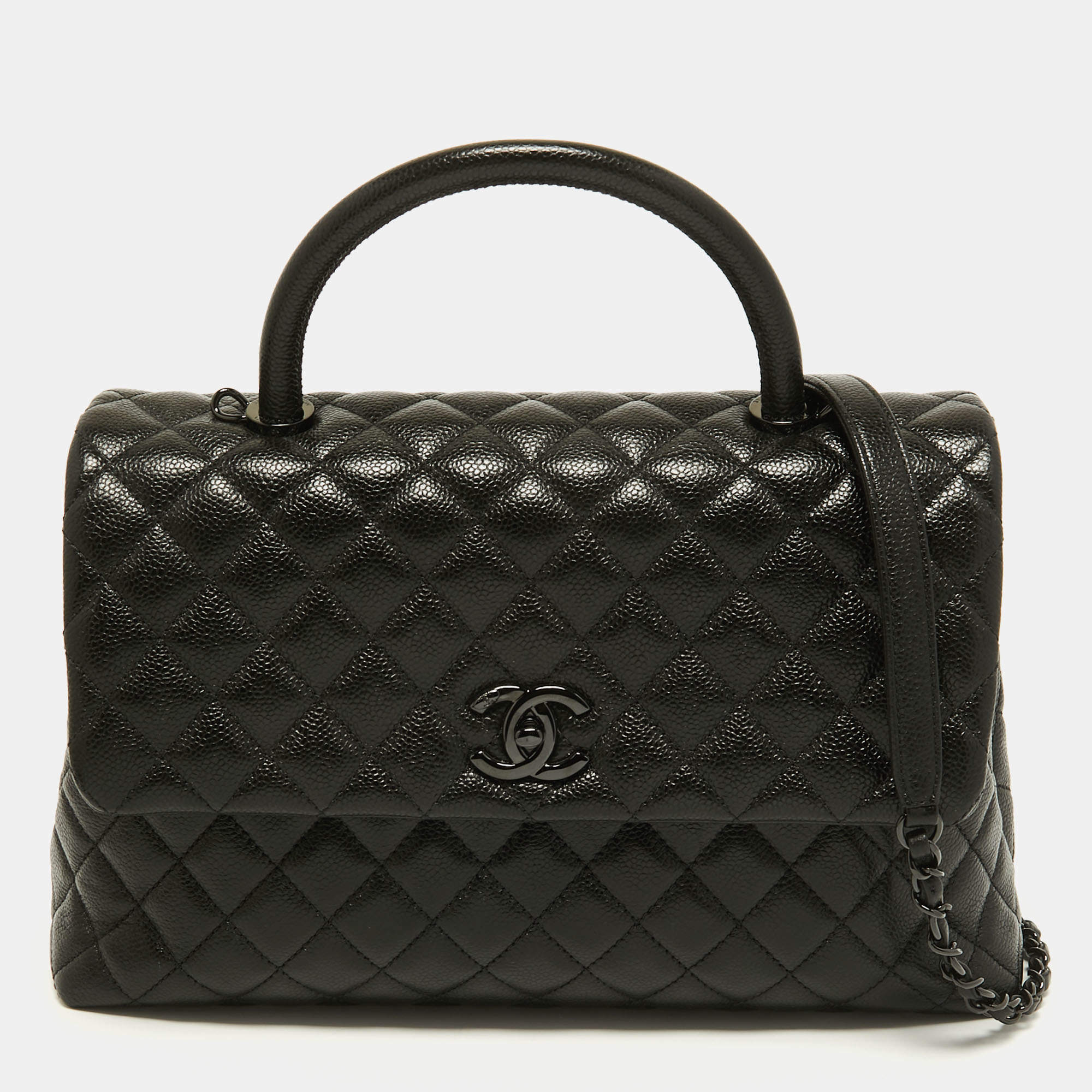 Pre Owned Chanel Black Quilted Caviar Leather So Black Coco Top Handle Bag