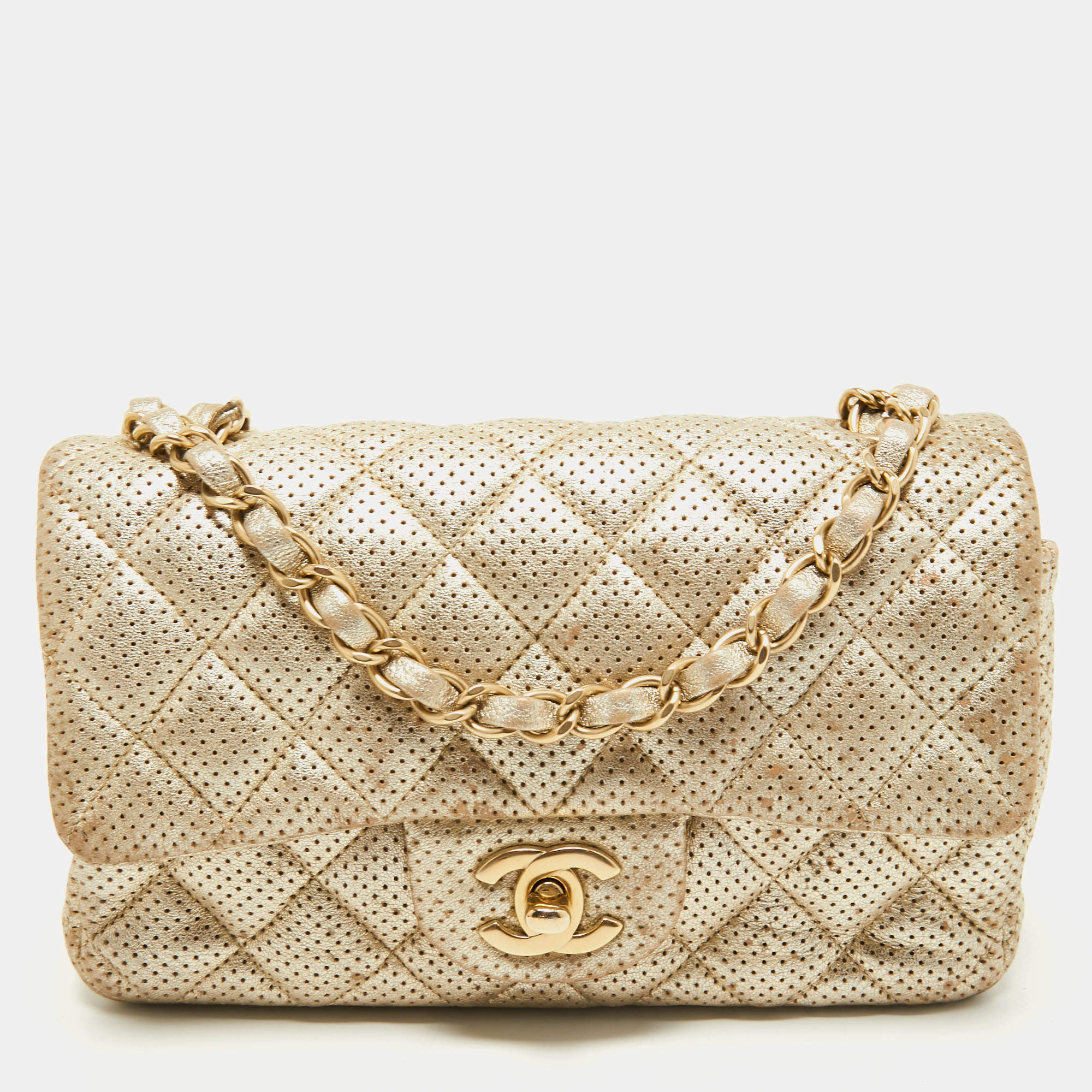 Pre Owned Chanel Gold Quilted Perforated Leather New Mini Classic Flap Bag