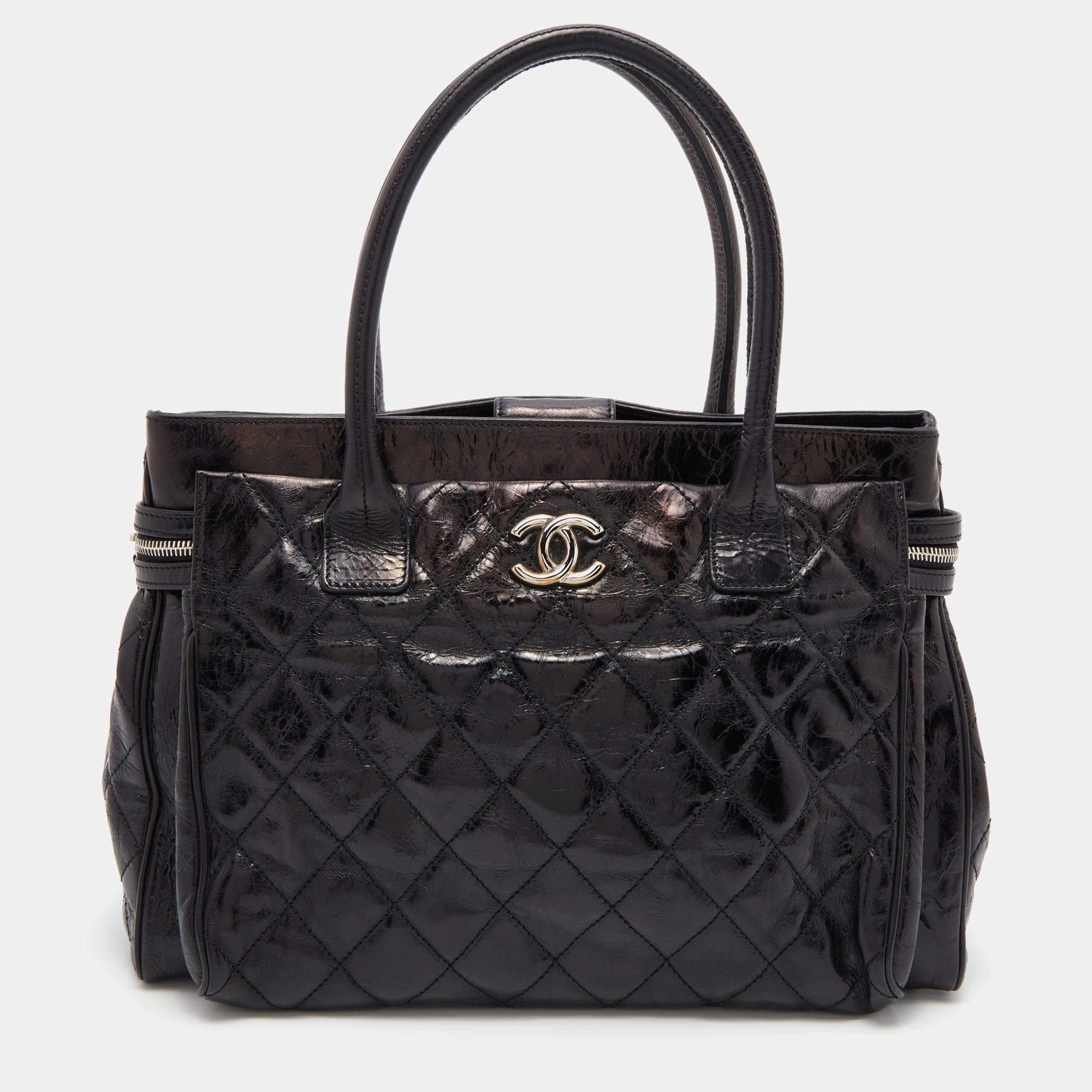 Pre Owned Chanel Black Quilted Glazed Leather Portobello Tote