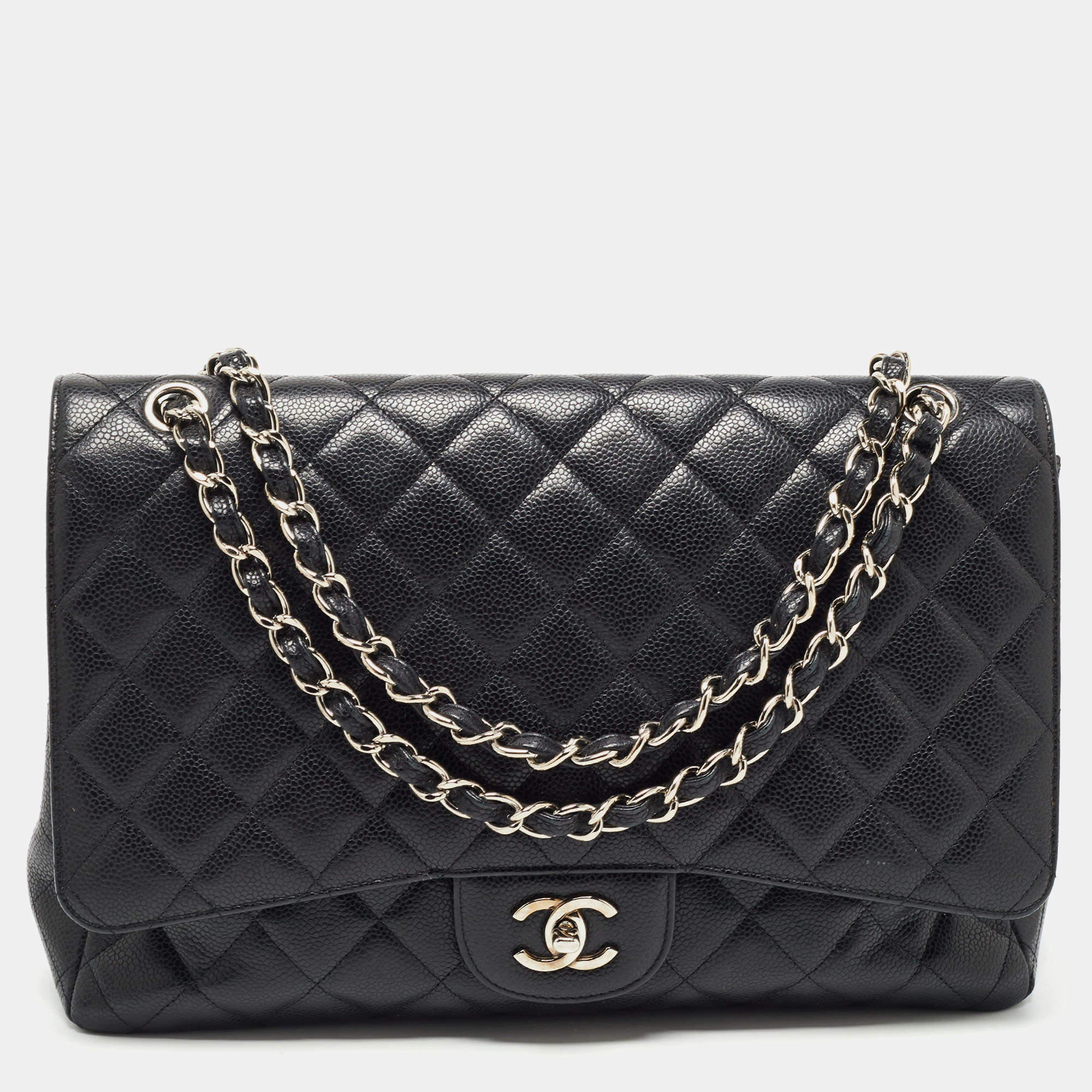 Pre Owned Chanel Black Quilted Caviar Leather Maxi Classic Single Flap Bag