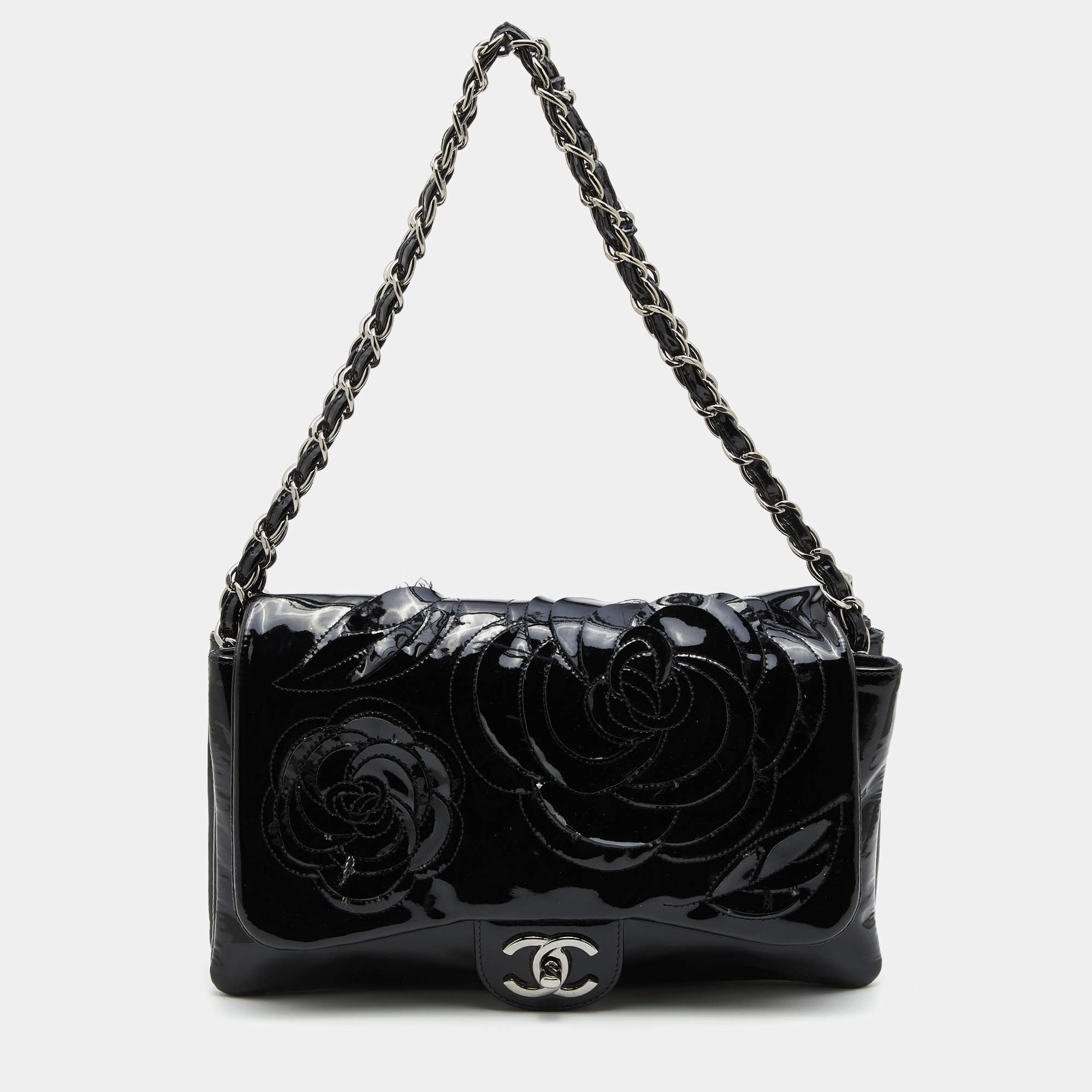 Pre Owned Chanel Black Patent Leather Paris Shanghai Camellia Flap Bag