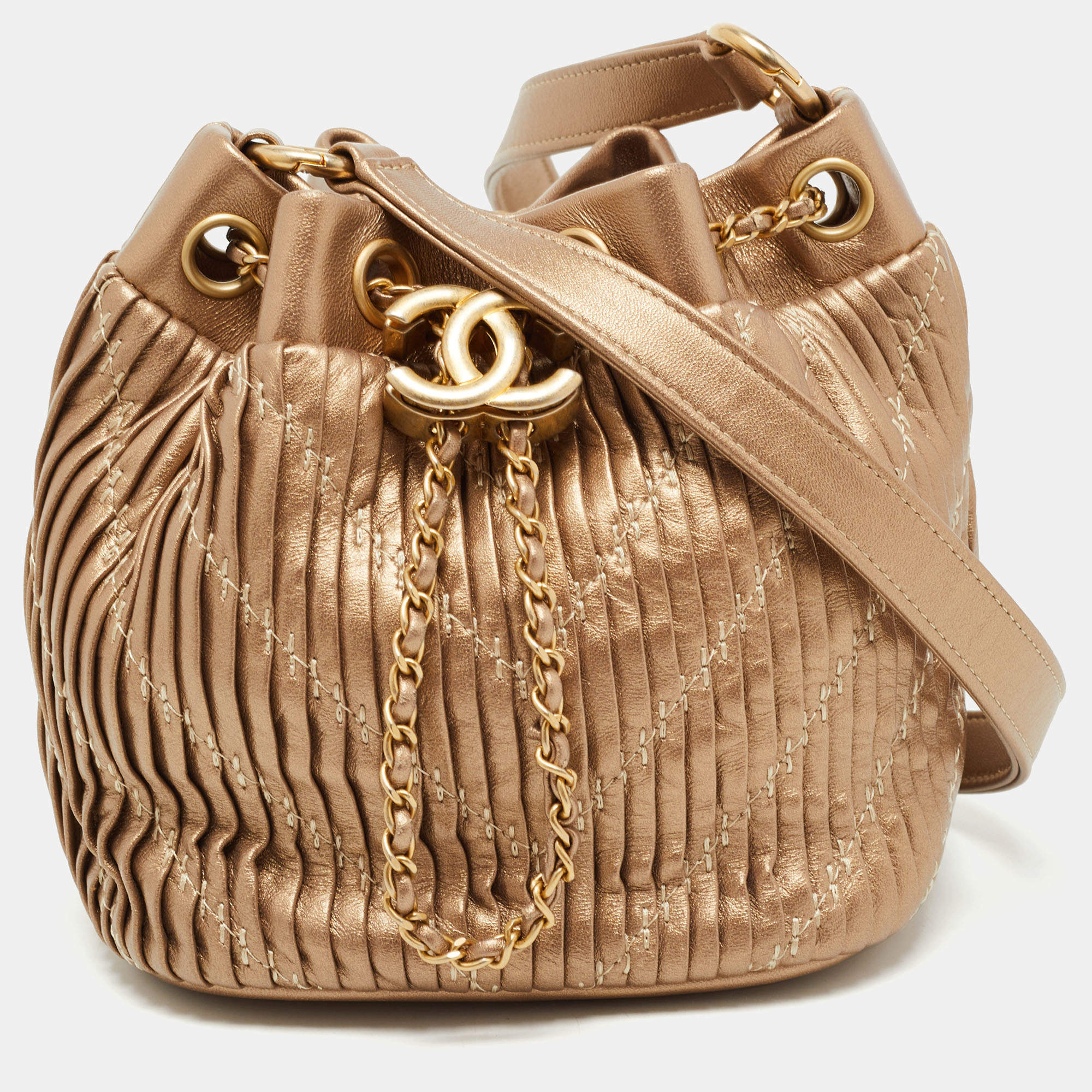 Chanel Gold Leather Small Coco Pleats Drawstring Bag