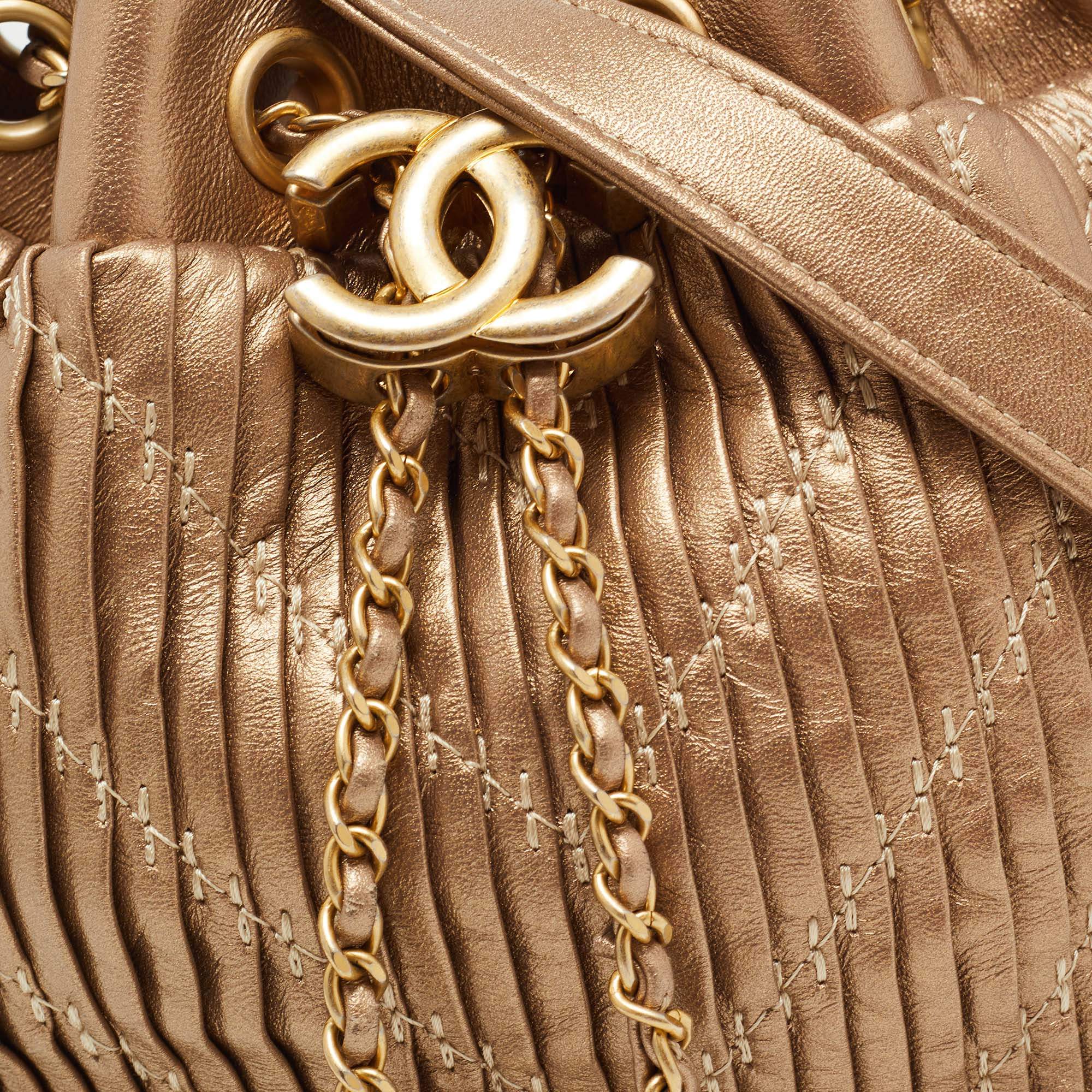 Chanel Gold Leather Small Coco Pleats Drawstring Bag Chanel