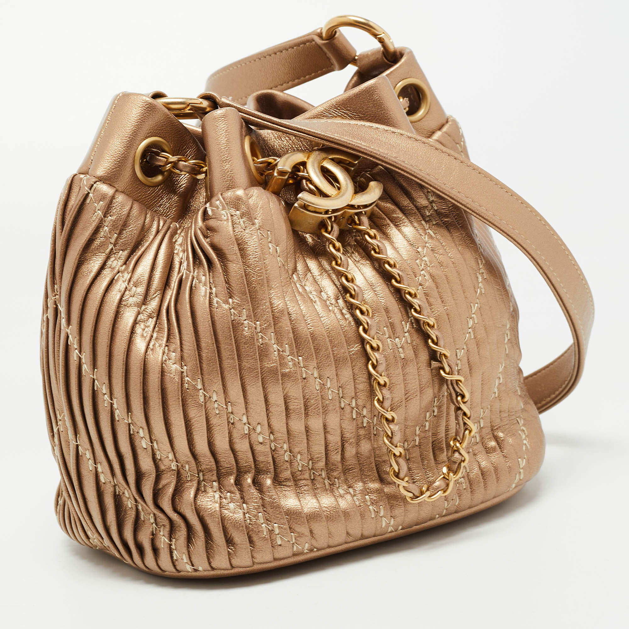Chanel Gold Leather Small Coco Pleats Drawstring Bag
