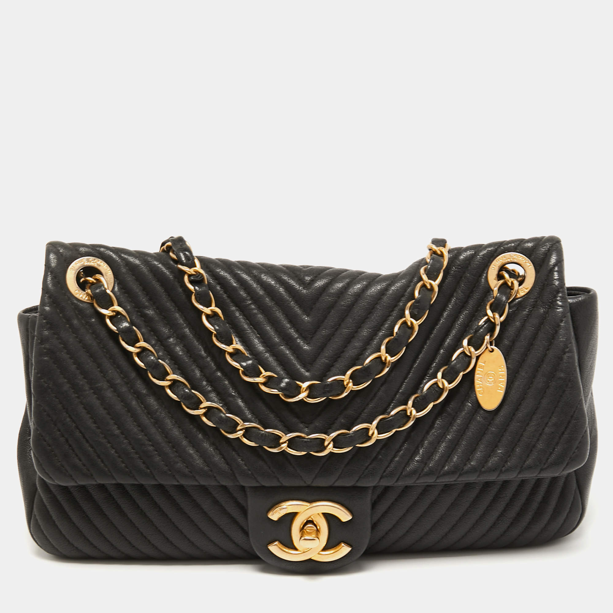 Pre Owned Chanel Black Chevron Leather Medallion Charm Flap Bag