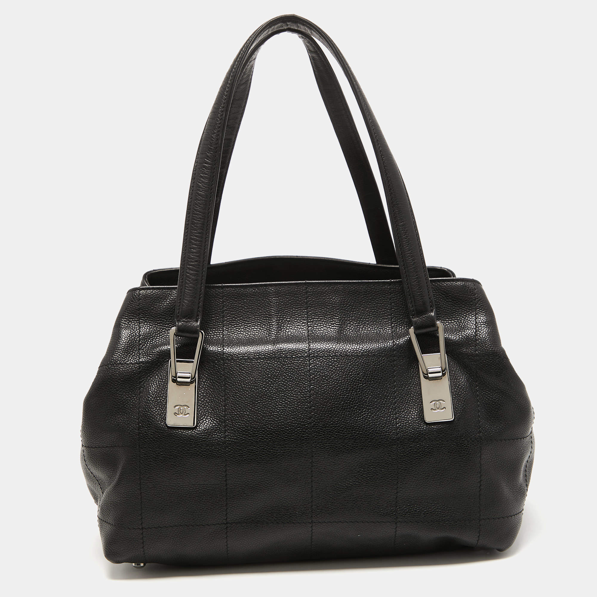 Pre Owned Chanel Black Square Quilted Caviar Leather CC Boston Bag
