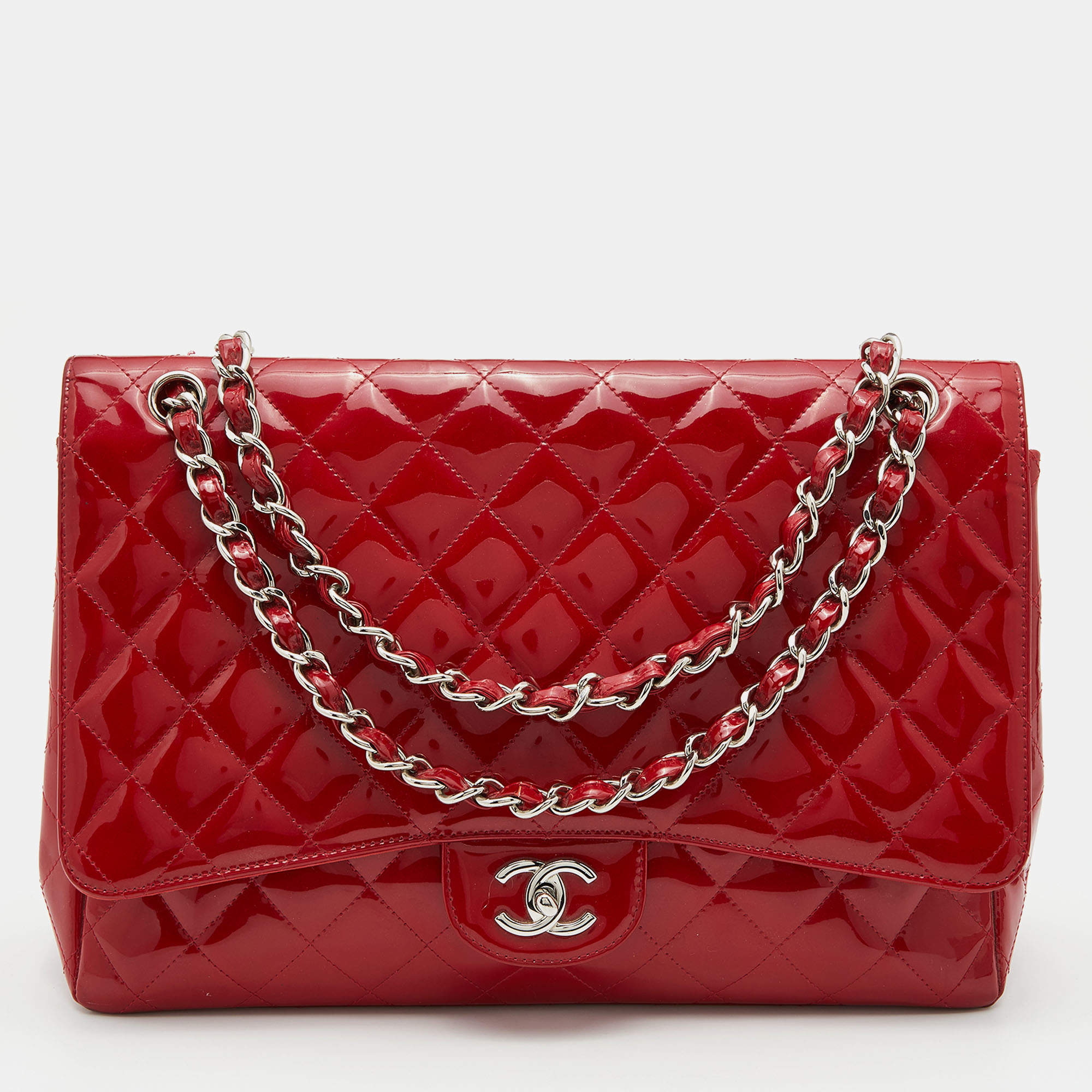Pre Owned Chanel Red Quilted Patent Leather Maxi Classic Single Flap Bag