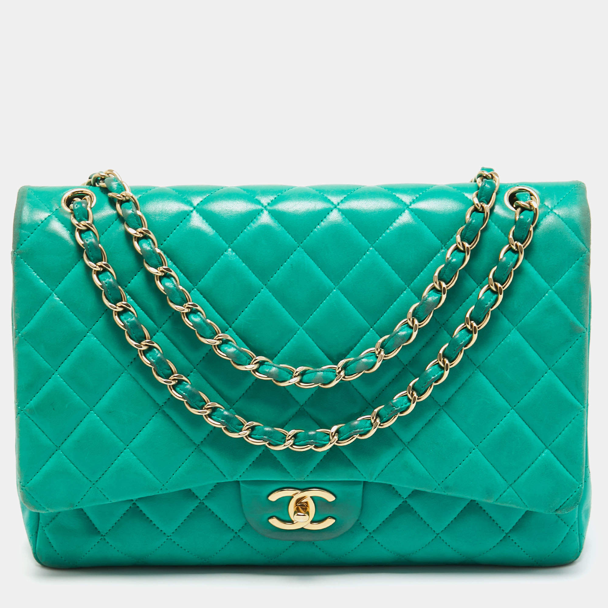 Chanel Green Quilted Lambskin Leather Maxi Classic Double Flap Bag Chanel
