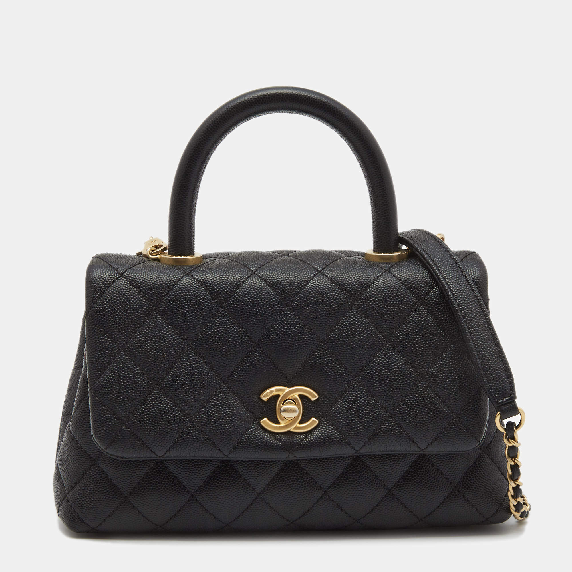Pre Owned Chanel Black Quilted Caviar Leather Small Coco Top Handle Bag