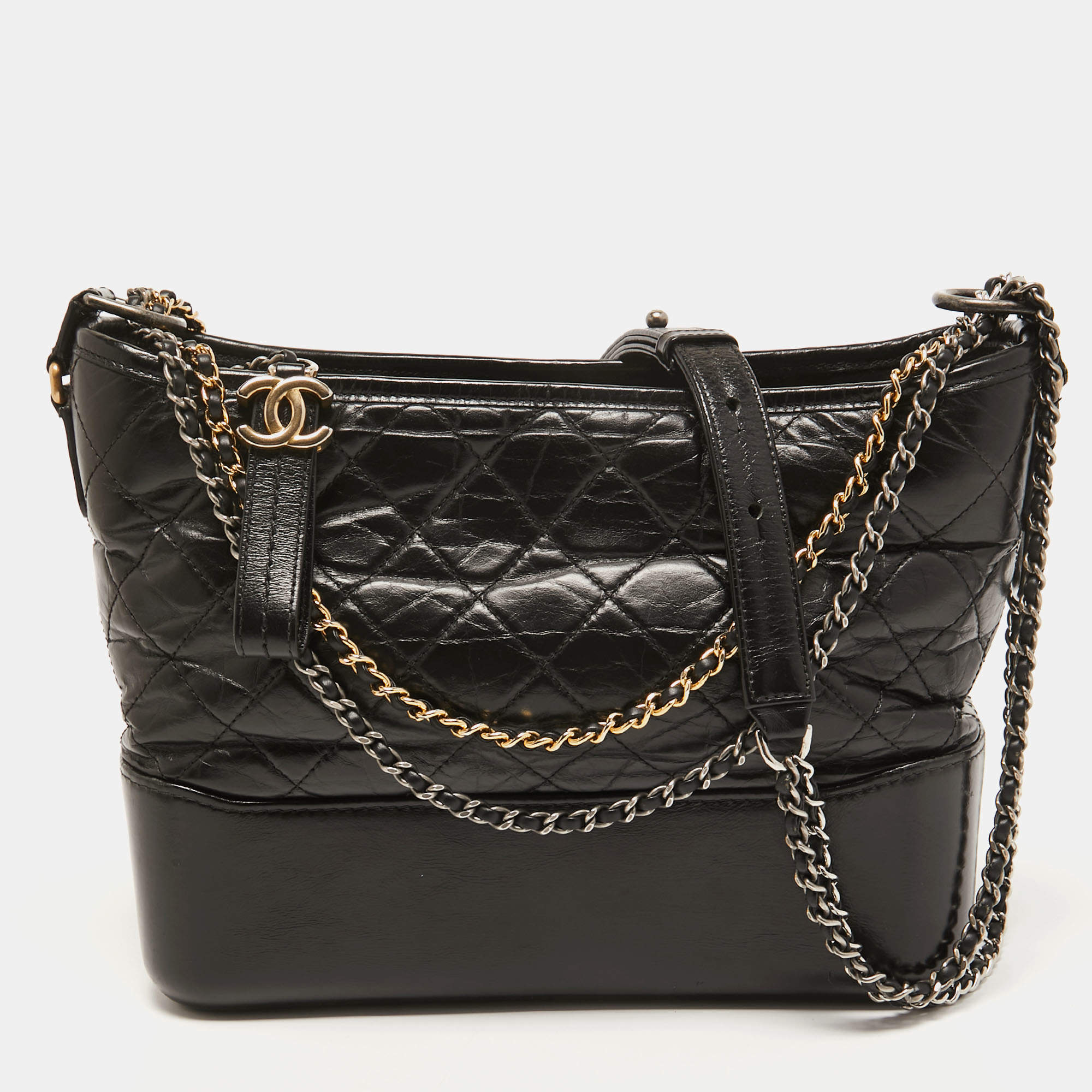 Pre Owned Chanel Black Quilted Aged Leather Medium Gabrielle Hobo