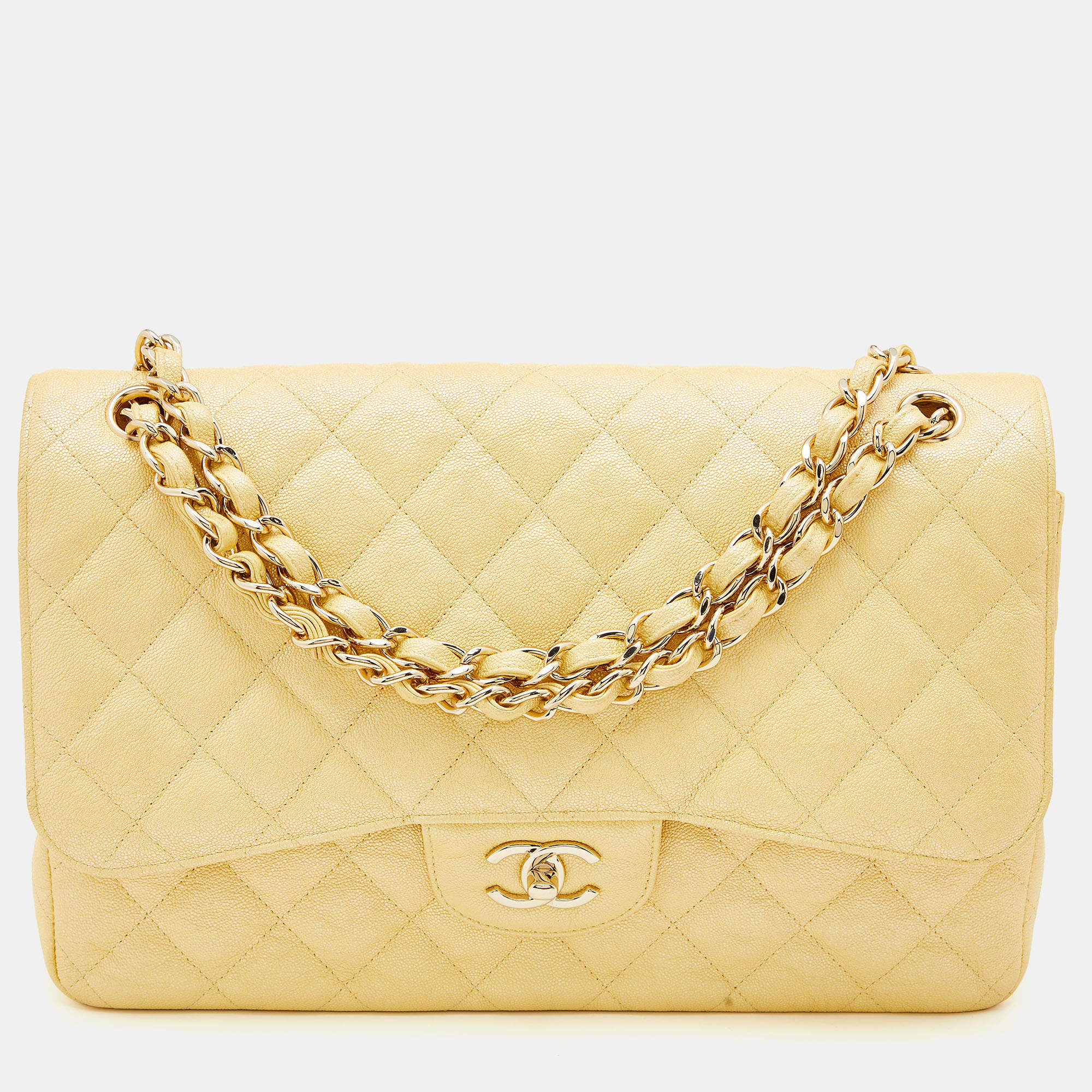 Chanel Yellow Iridescent Quilted Caviar Leather Jumbo Classic Double Flap  Bag