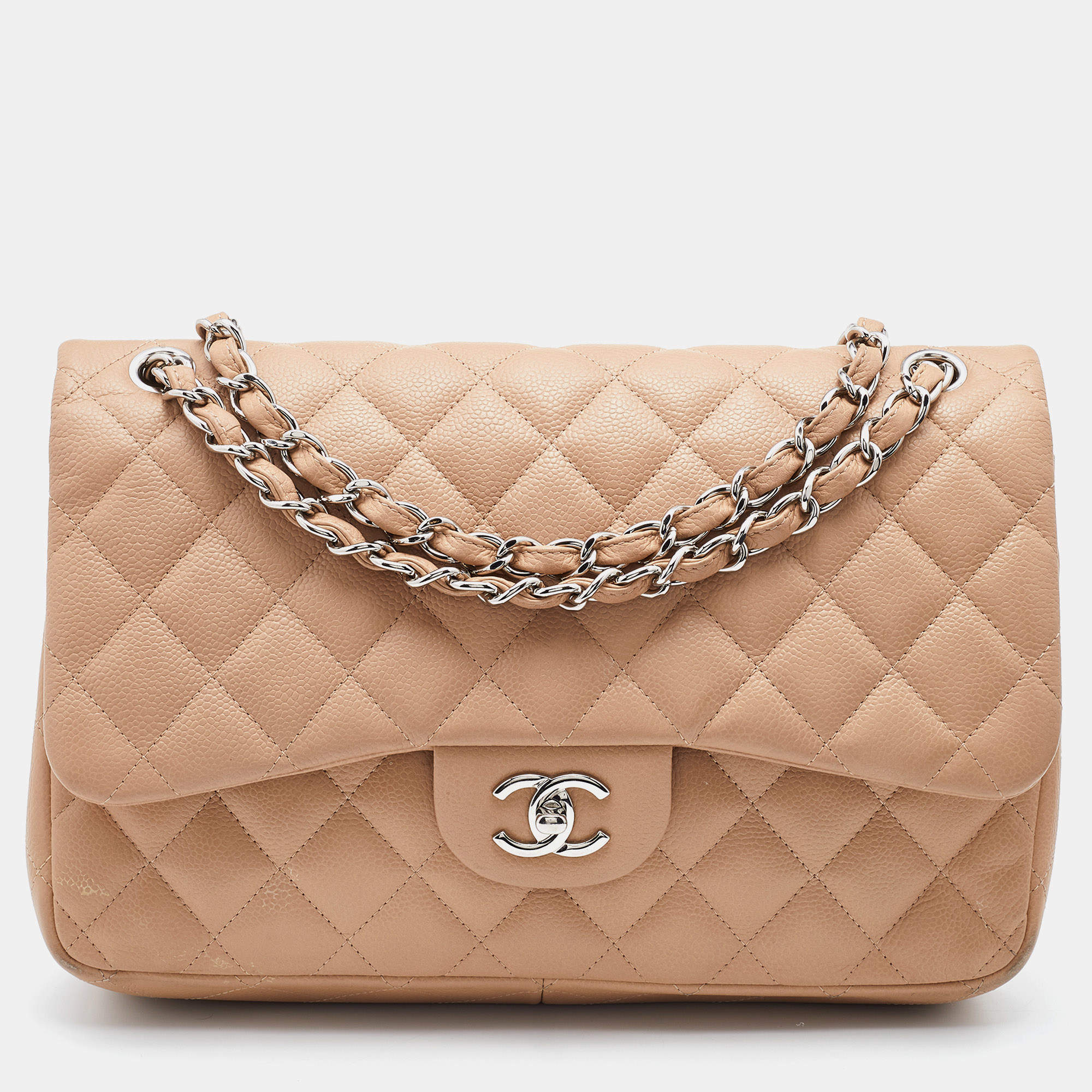 Pre Owned Chanel Beige Quilted Caviar Leather Jumbo Classic Double Flap Bag