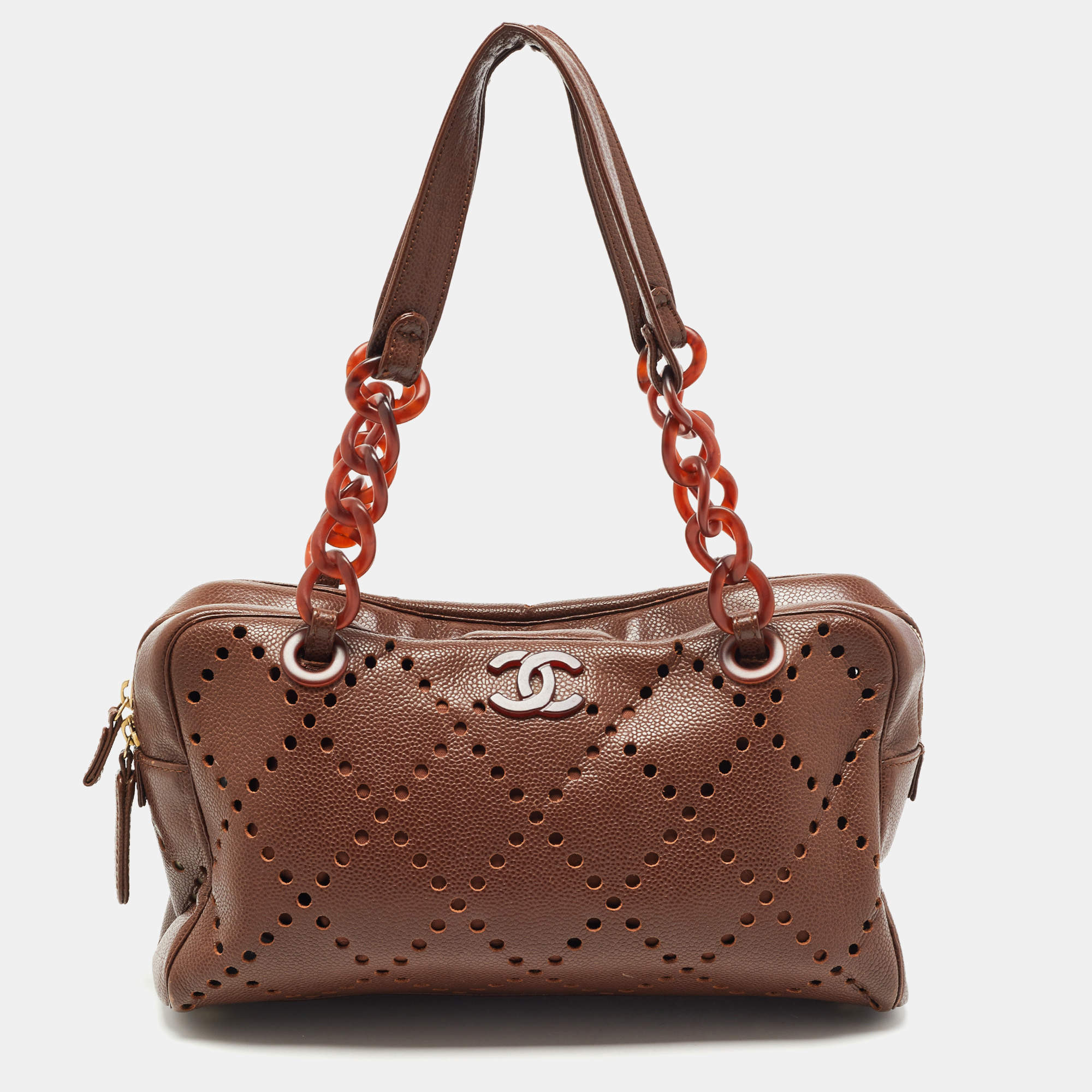 Pre Owned Chanel Brown Perforated Quilted Leather CC Chain Satchel
