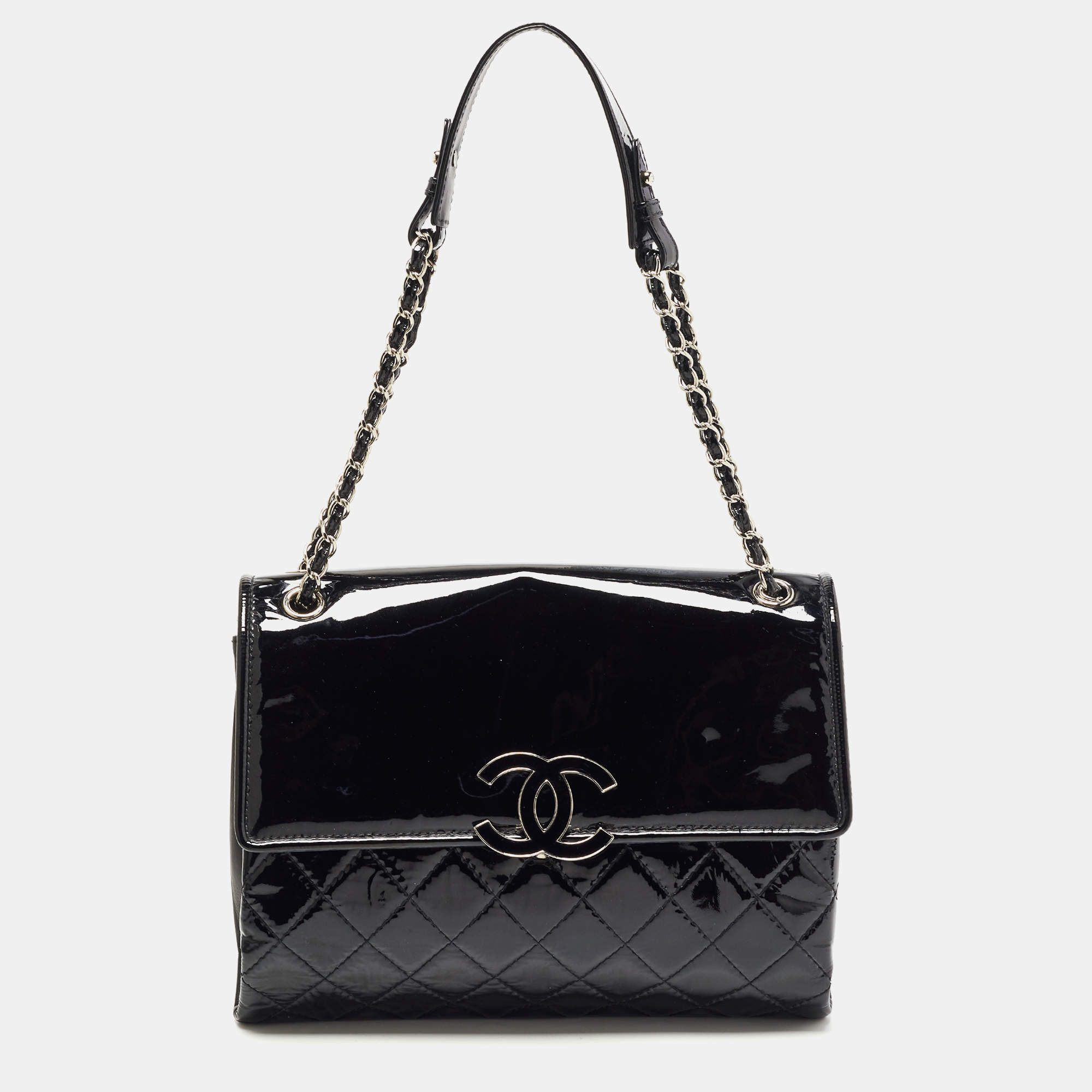 Pre Owned Chanel Black Quilted Patent Leather Double Compartment Flap Bag