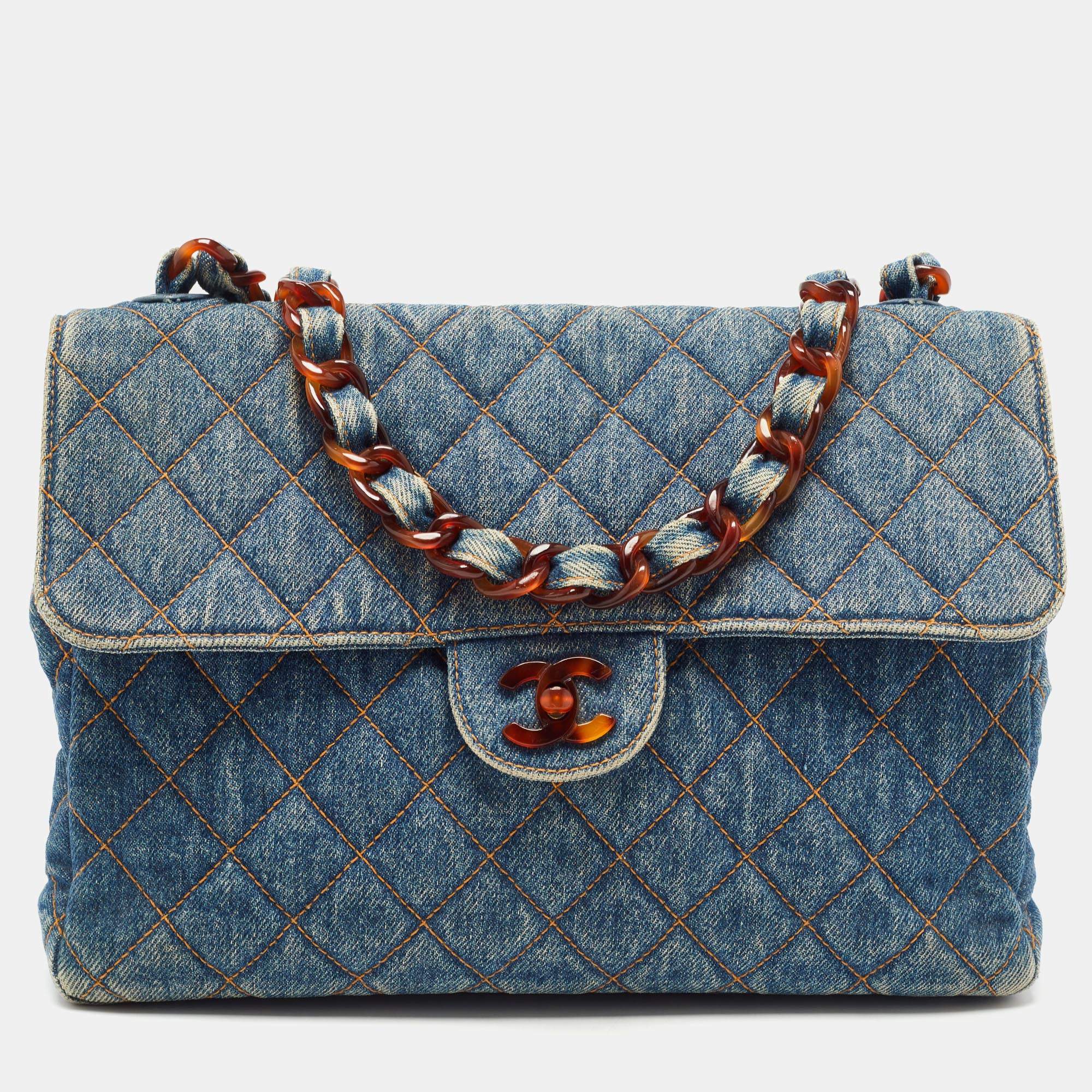 Chanel Navy Blue Quilted Denim Jumbo Flap Bag