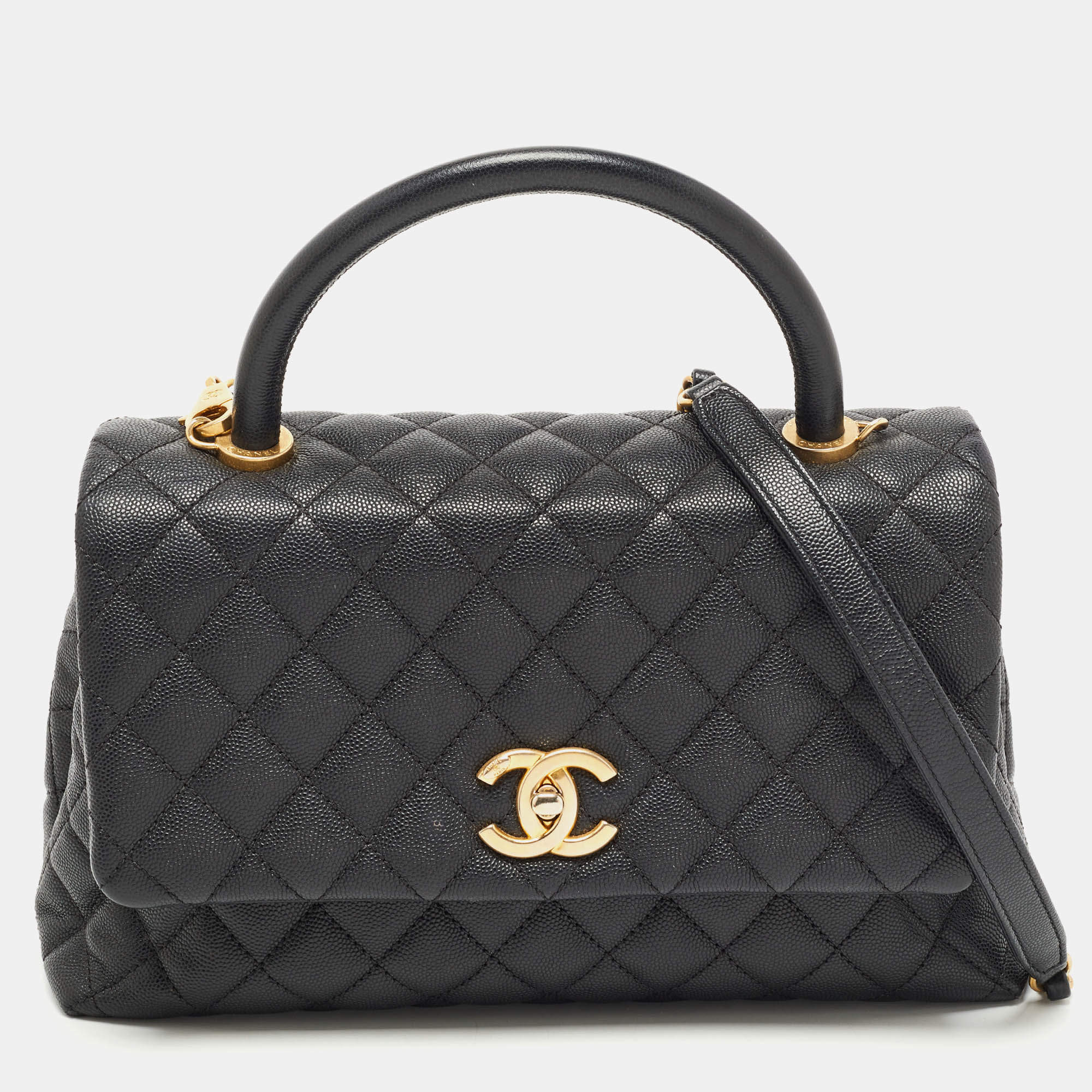 Pre Owned Chanel Black Quilted Caviar Leather Medium Coco Top Handle Bag