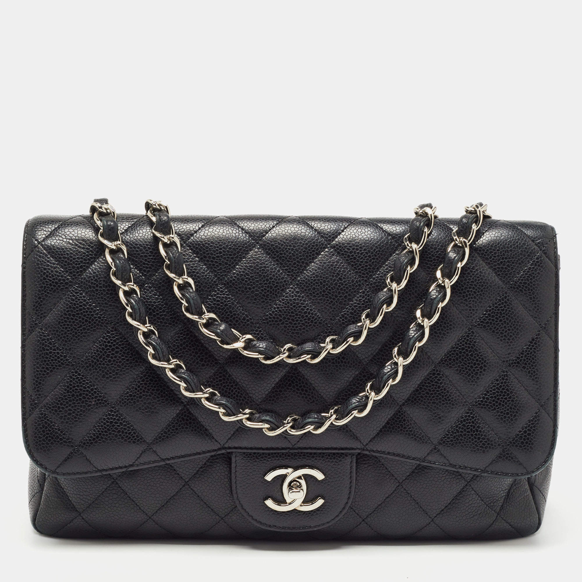 Chanel Black Quilted Caviar Leather Jumbo Classic Single Flap Bag