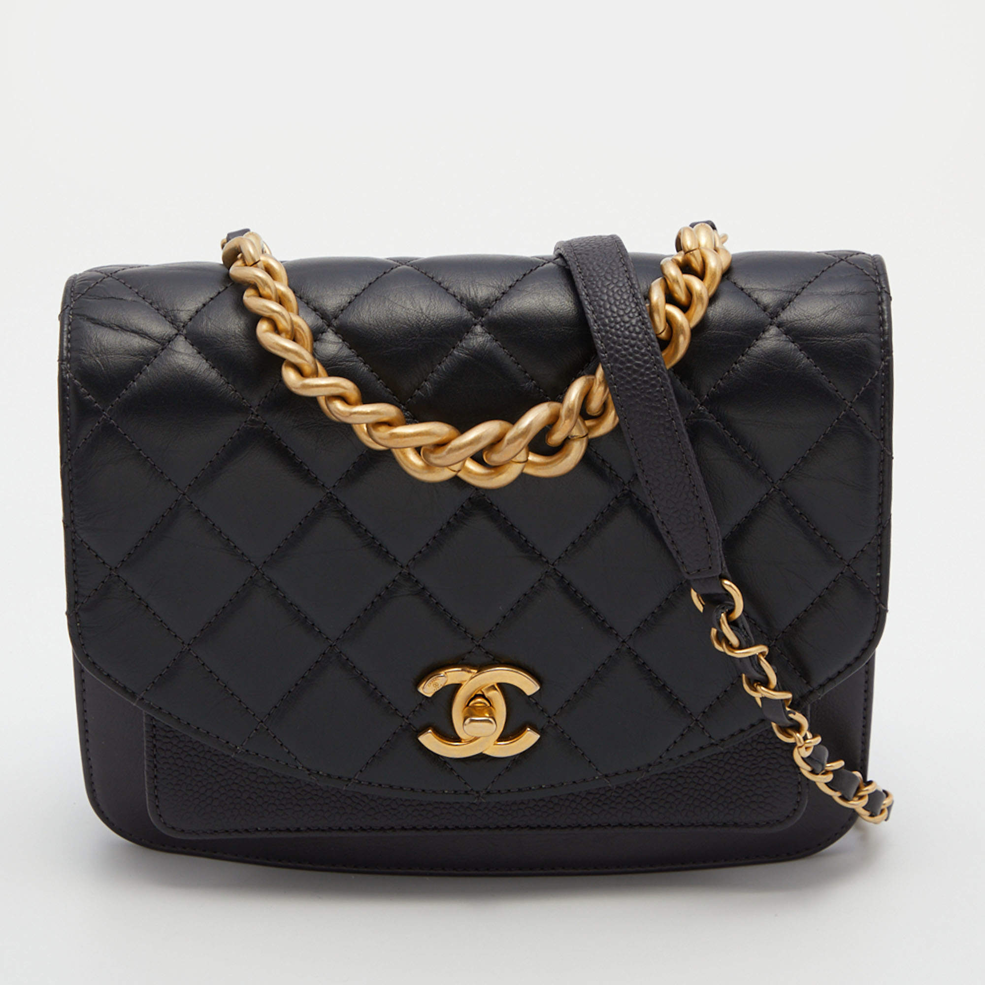 Pre Owned Chanel Black Quilted Leather Flap Chain Top Handle Bag