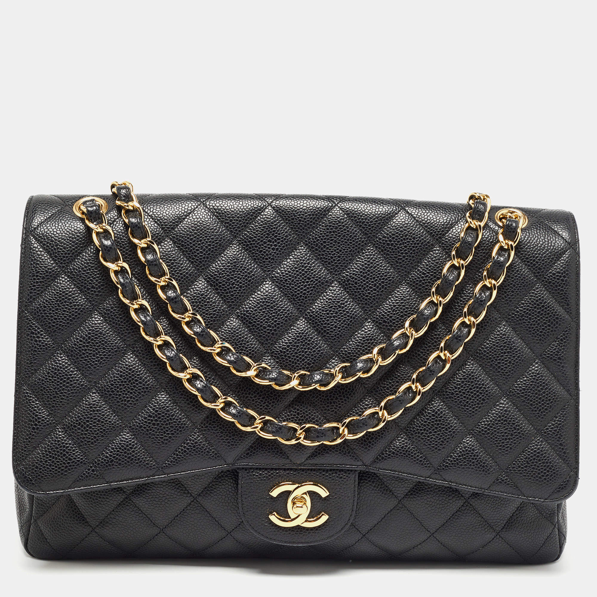 Pre Owned Chanel Black Quilted Caviar Leather Maxi Classic Single Flap Bag