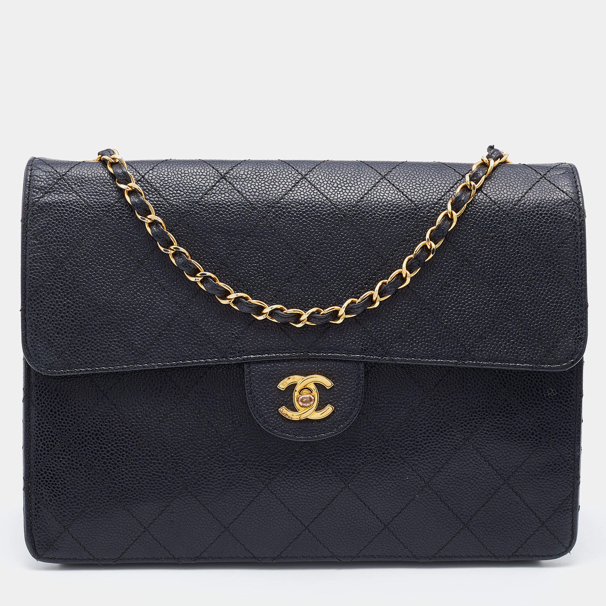 Chanel Black Quilted Caviar Leather Vintage Flap Shoulder Bag