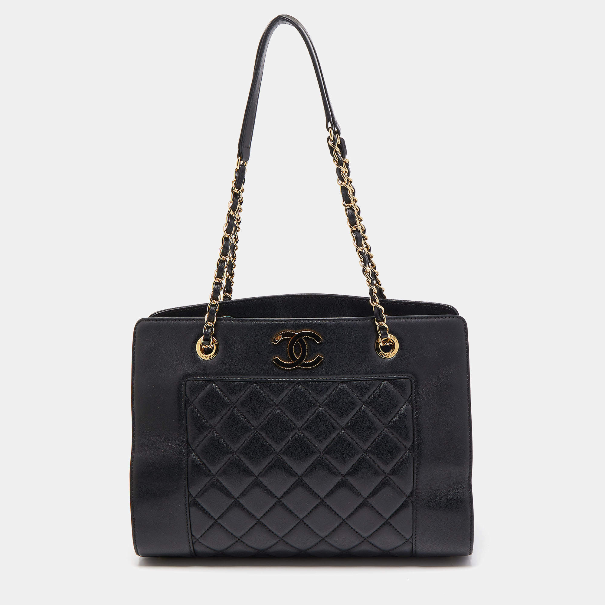 Pre Owned Chanel Black Quilted Leather CC Chain Tote