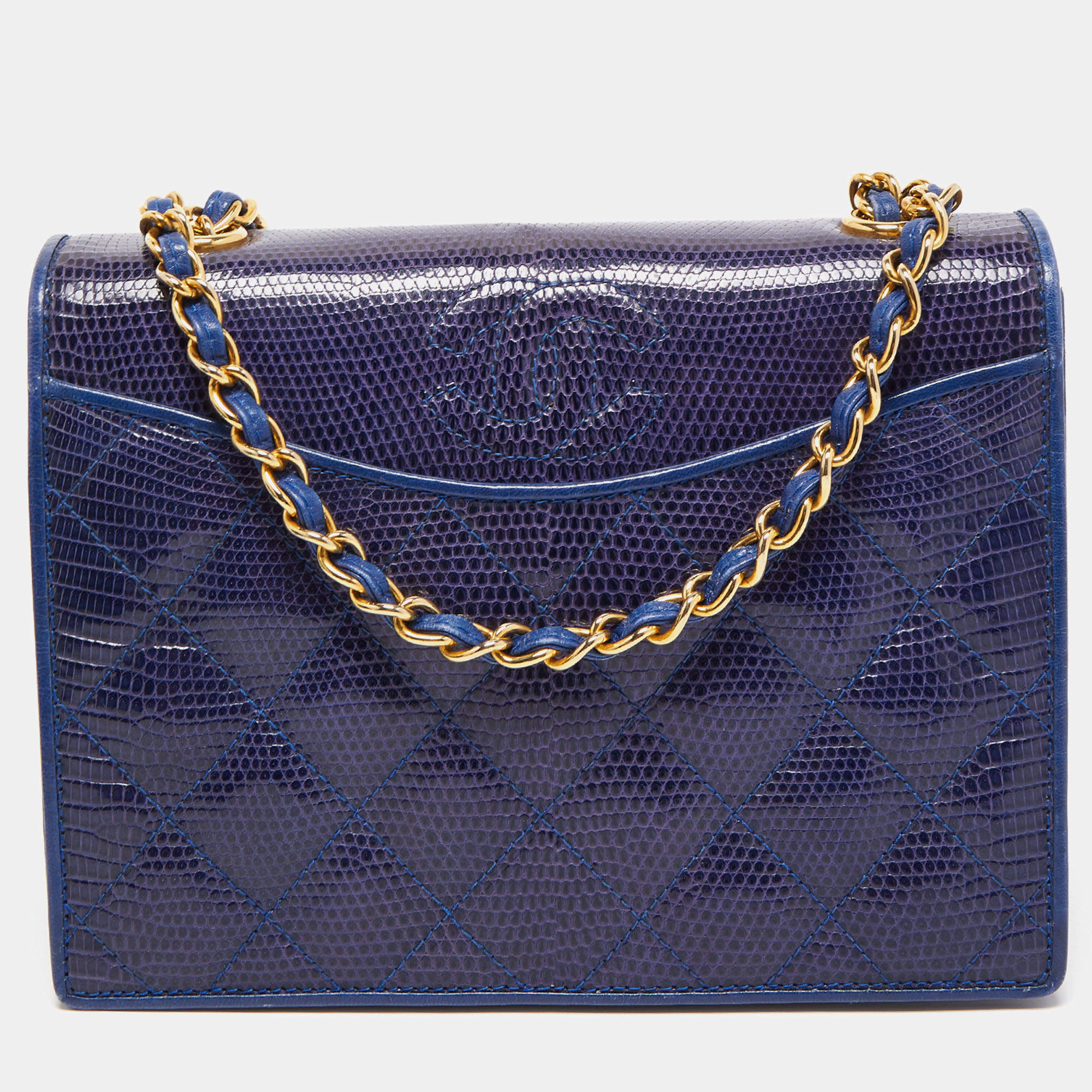 Pre Owned Chanel Blue Coated Lizard Vintage CC Flap Bag