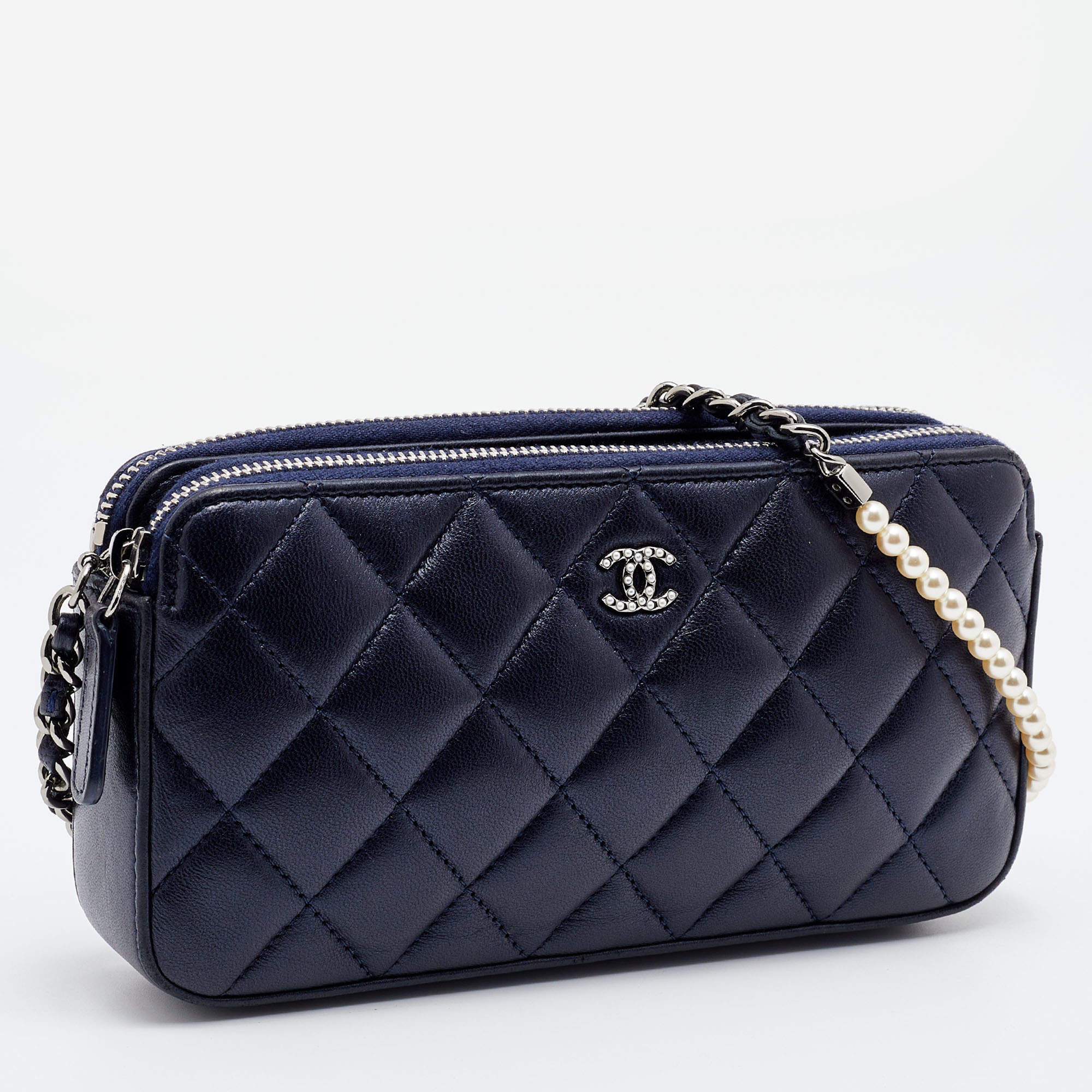 Chanel Blue Quilted Leather CC Double Zip Chain Clutch