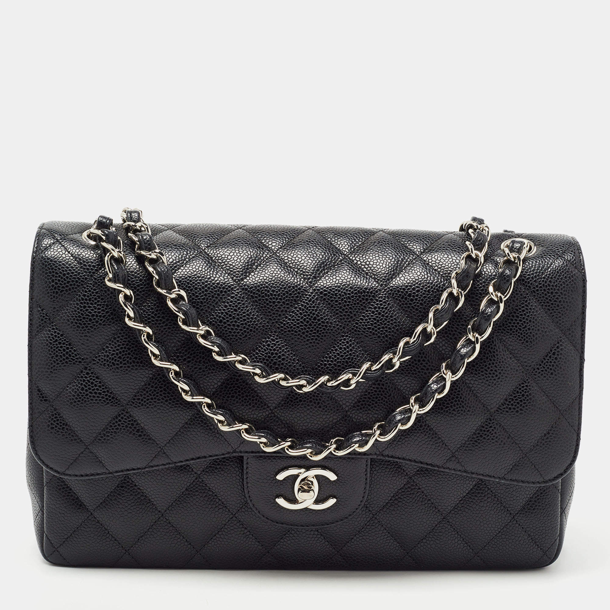Pre Owned Chanel Black Quilted Caviar Leather Jumbo Classic Double Flap Bag