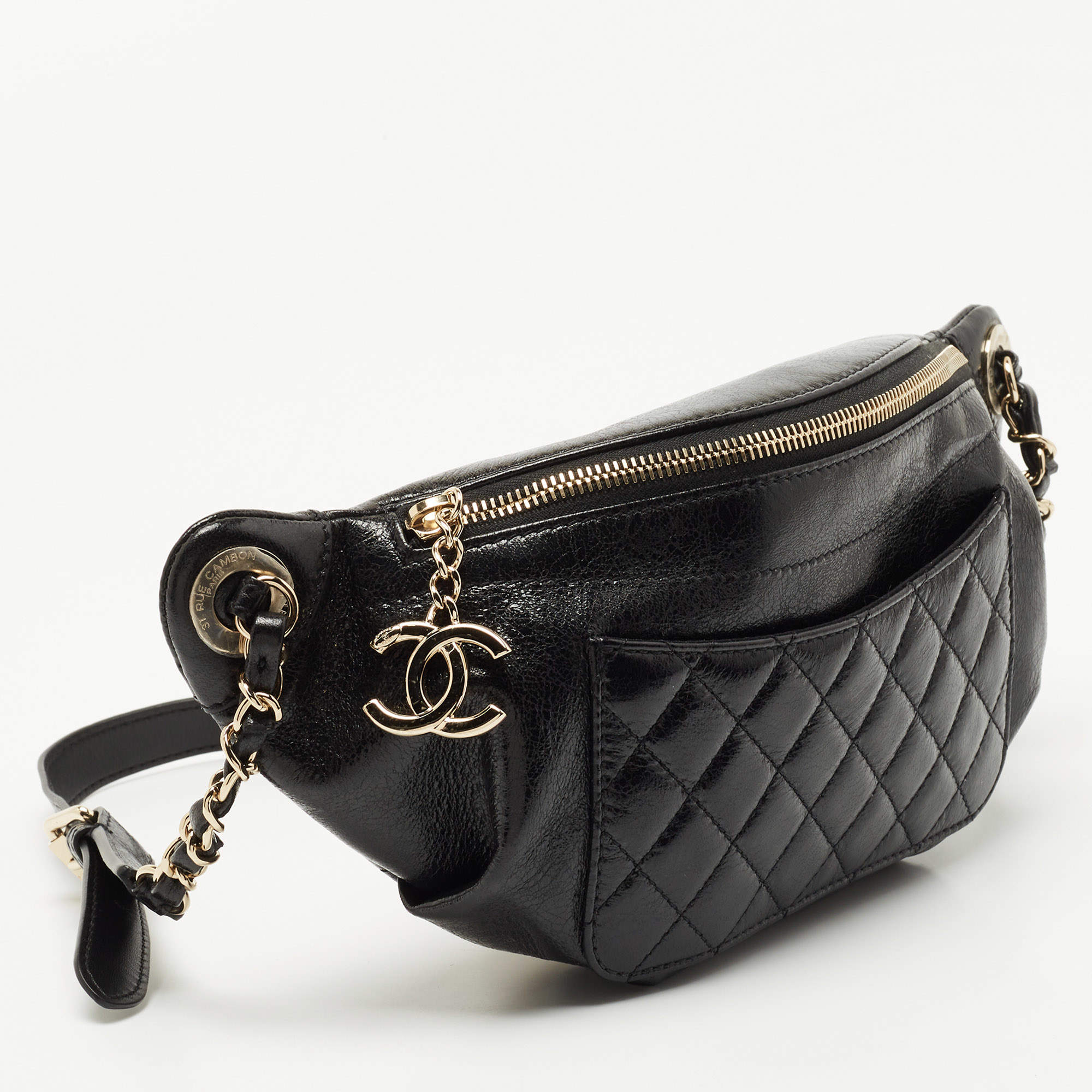 Chanel Black Quilted Glossy Leather Bi Classic Belt Bag