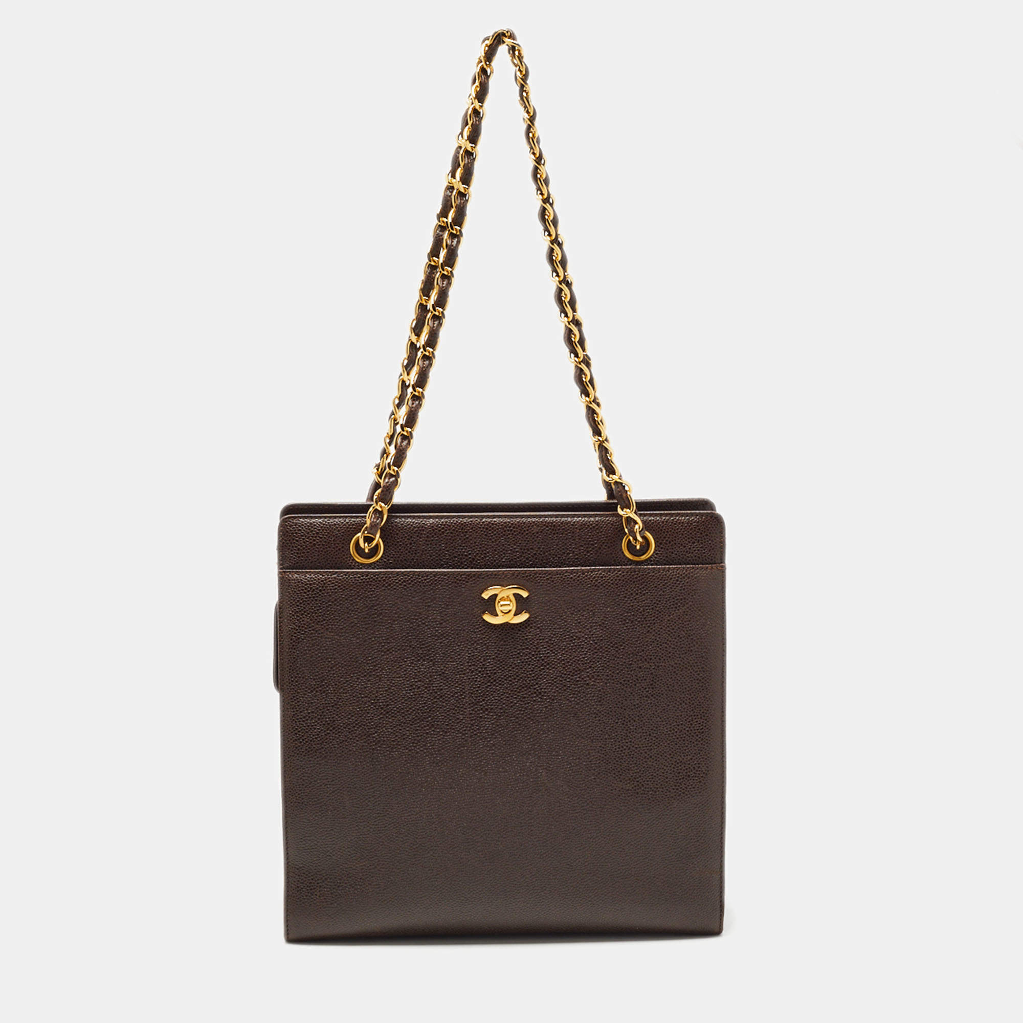 Pre Owned Chanel Brown Caviar Leather Vintage CC Turnlock Chain Tote