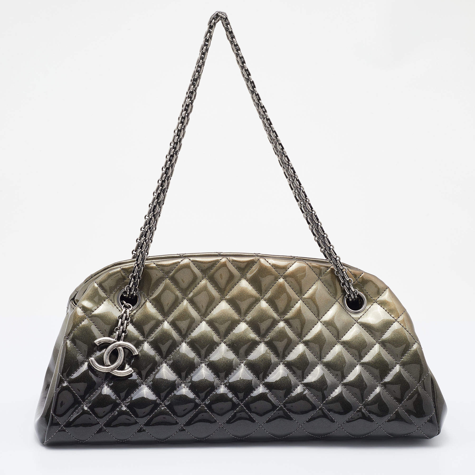 Pre Owned Chanel Grey Ombre Quilted Patent Leather Medium Just Mademoiselle Bowler Bag