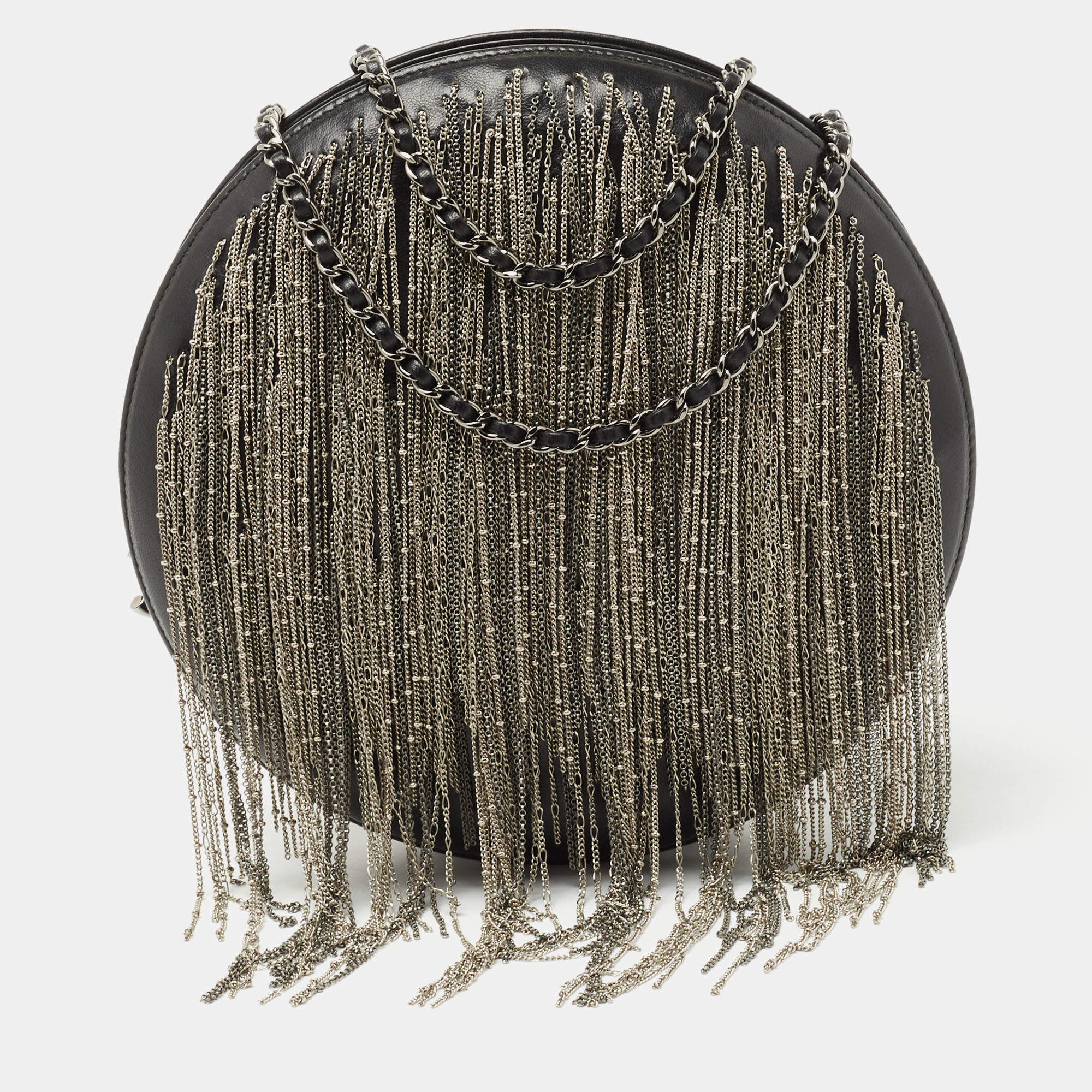 Pre Owned Chanel Black Leather Metal Fringe Round Chain Clutch