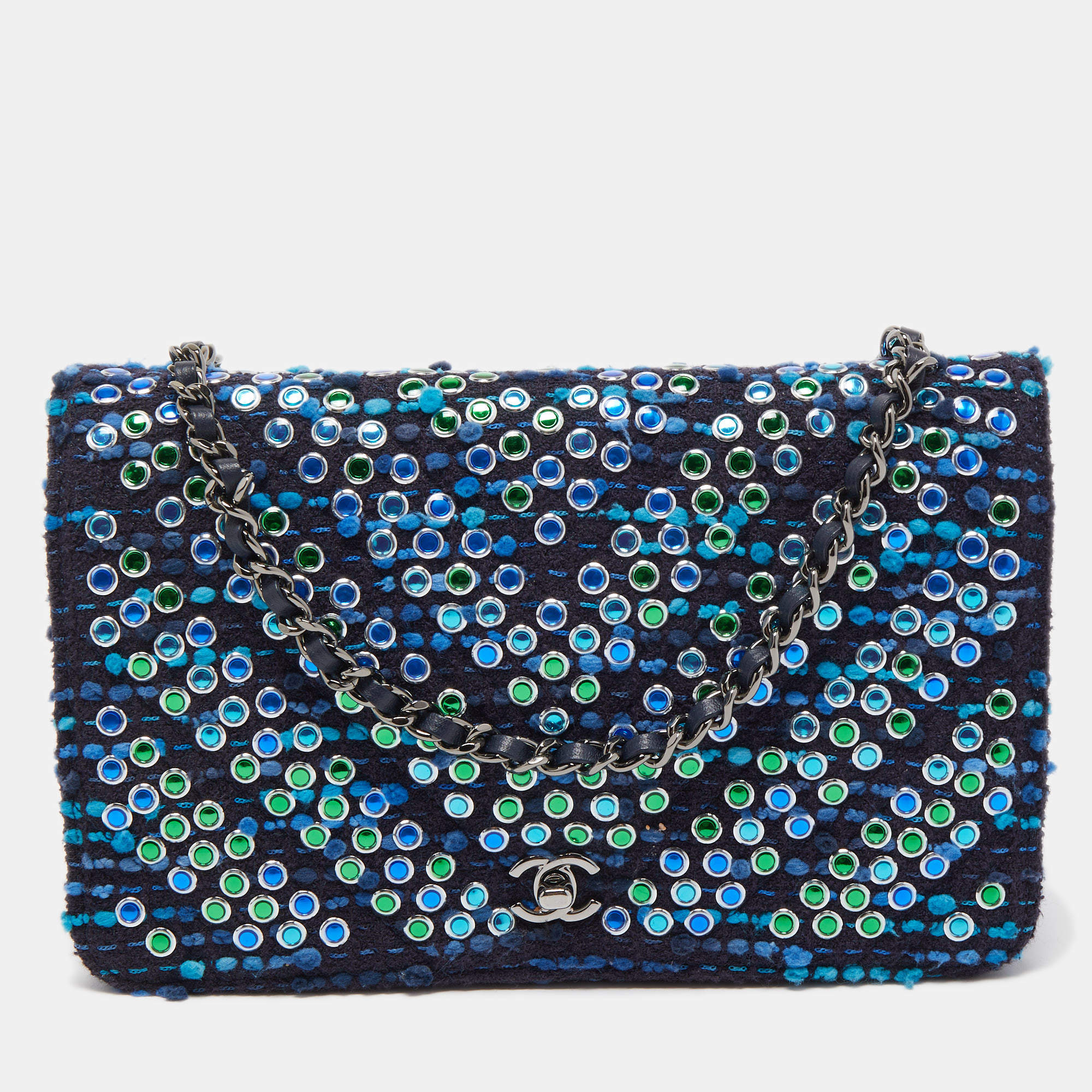 Pre Owned Chanel Blue/Green Tweed Embellished WOC Clutch