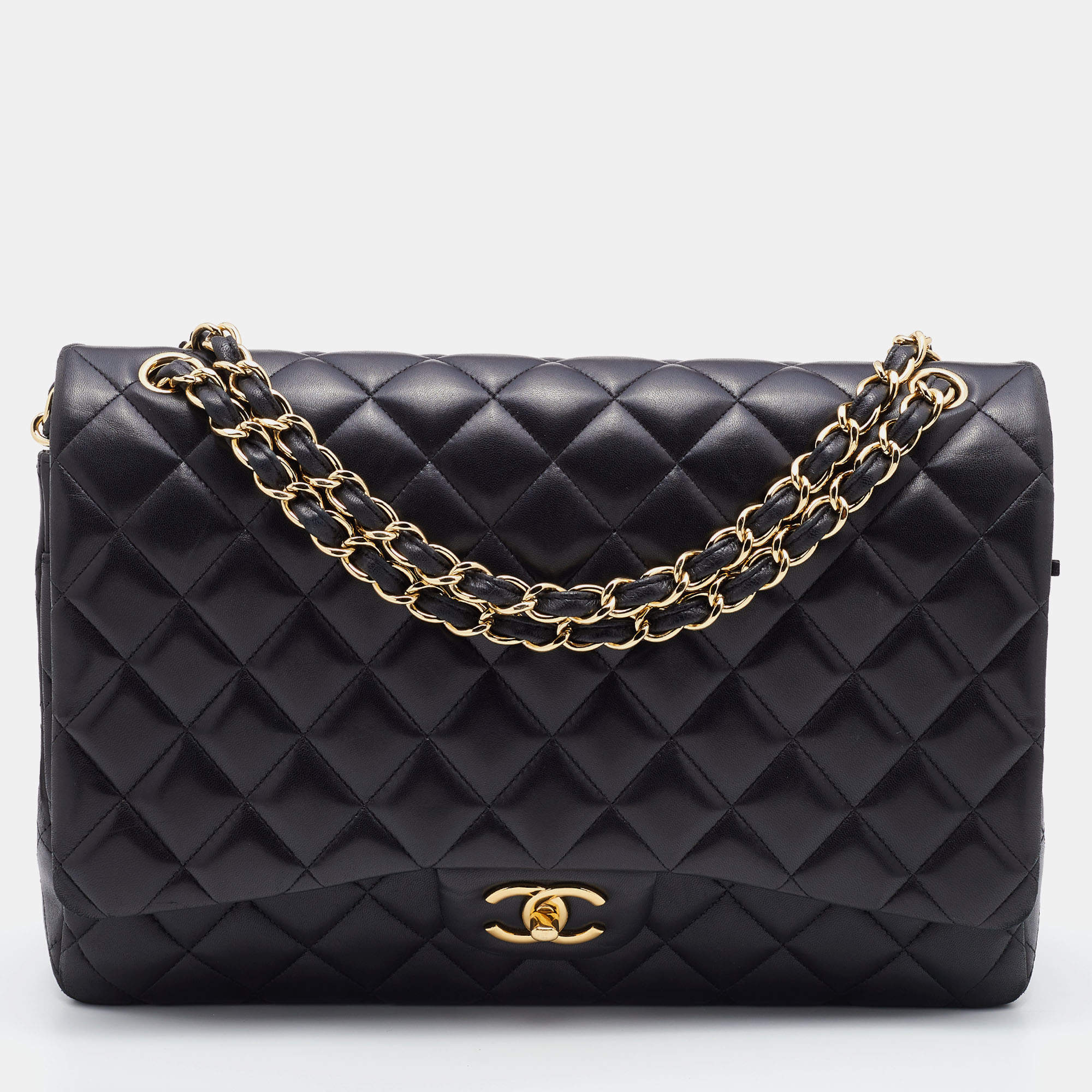 Pre Owned Chanel Black Quilted Leather Maxi Classic Double Flap Bag