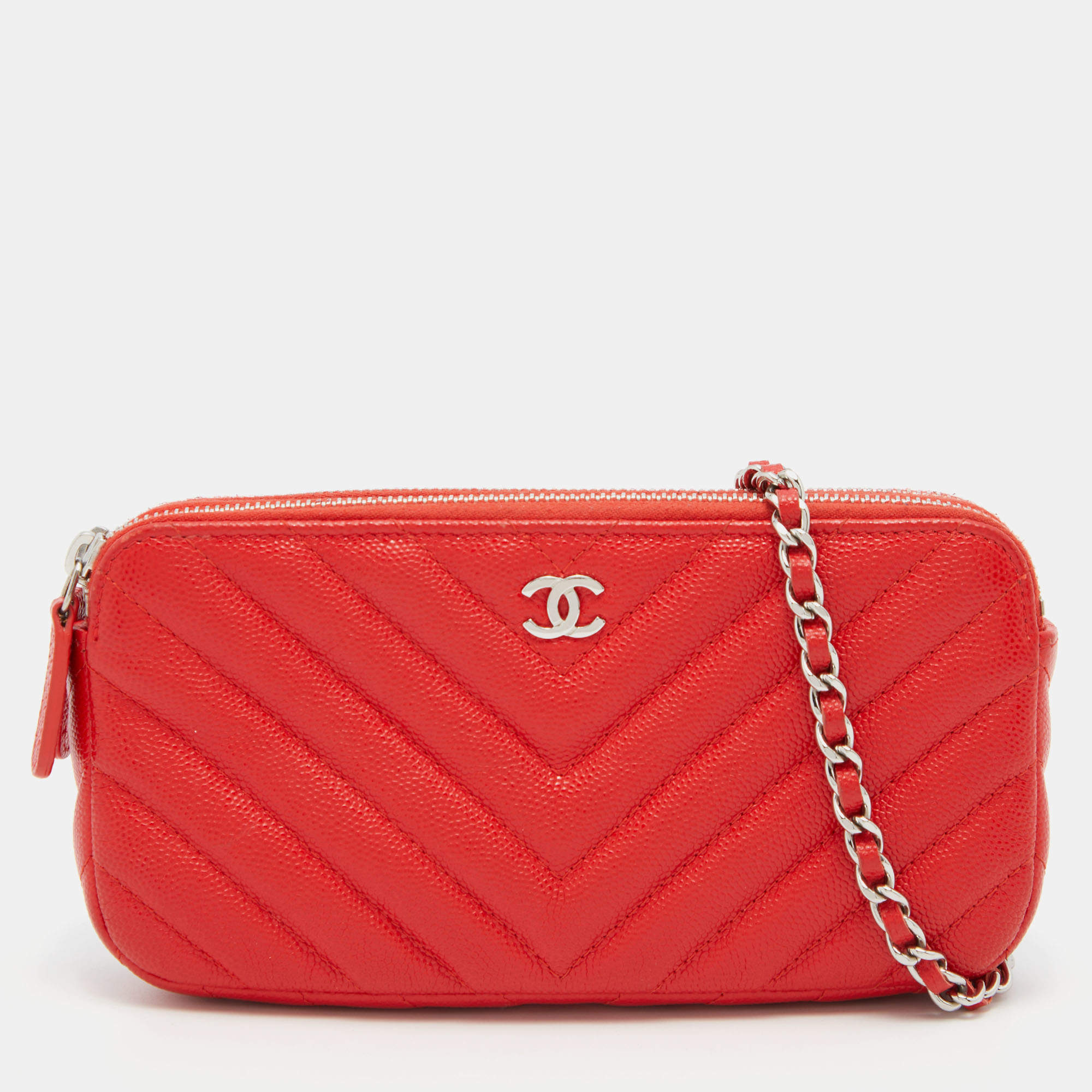 Red Chanel CC Double Zip Wallet on Chain Crossbody Bag