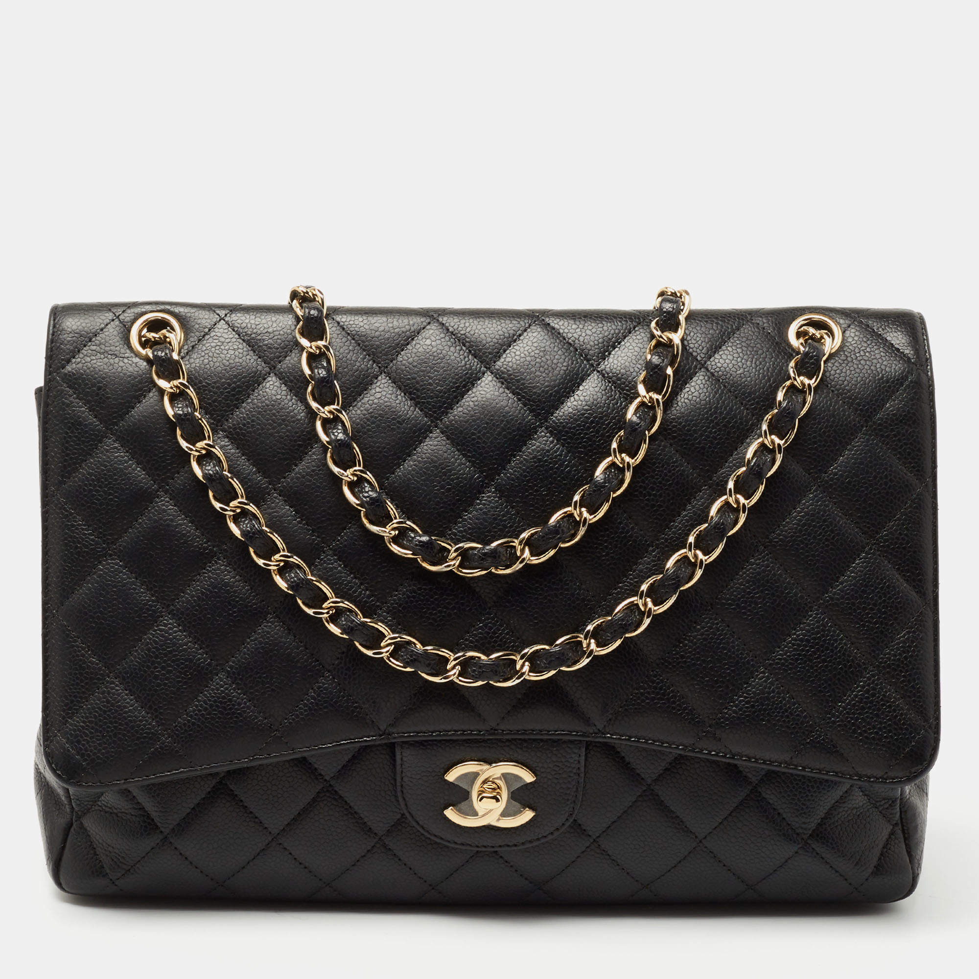 Pre Owned Chanel Black Quilted Caviar Leather Maxi Classic Single Flap Bag
