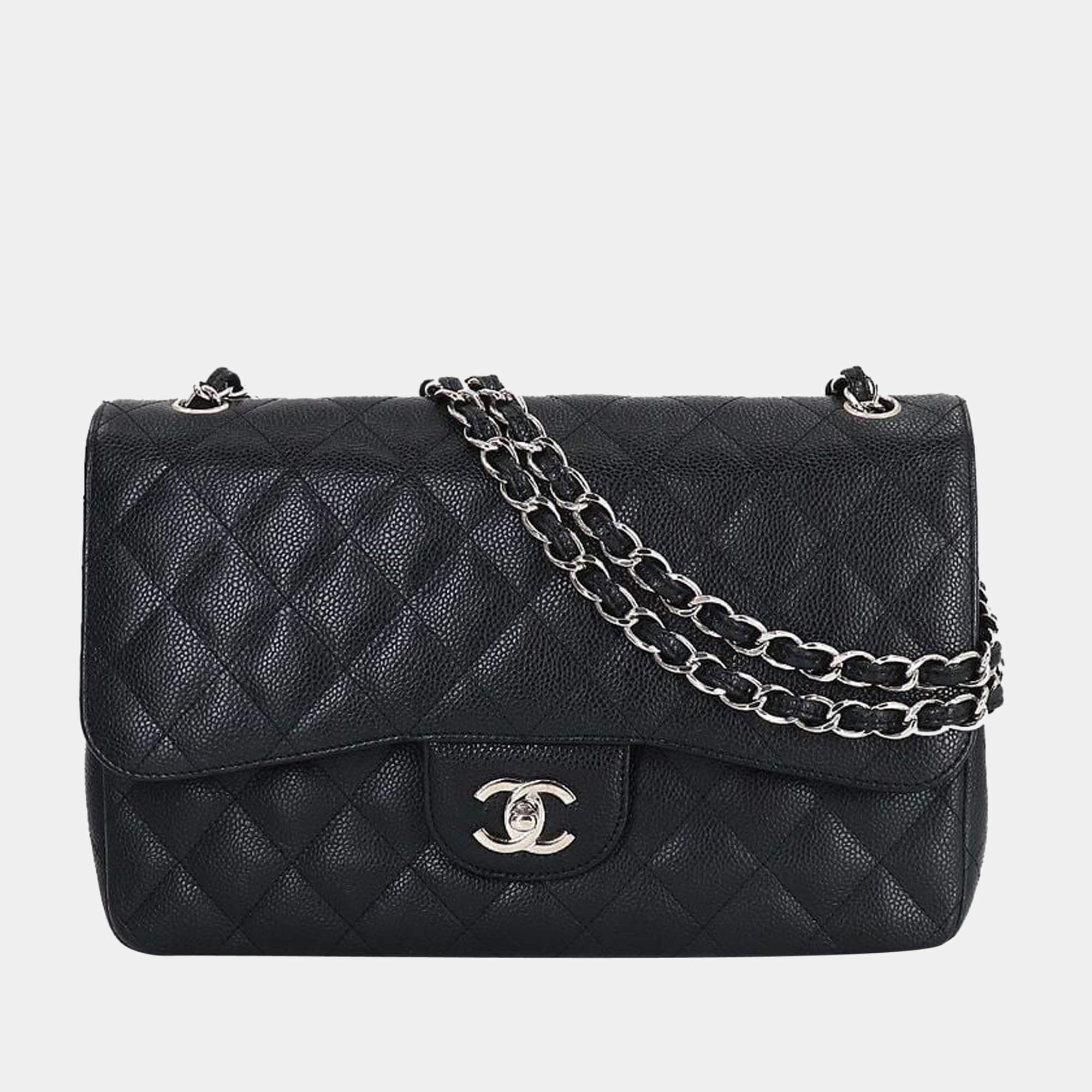 Pre Owned Chanel Black Leather Classic Double Flap Jumbo Shoulder Bag