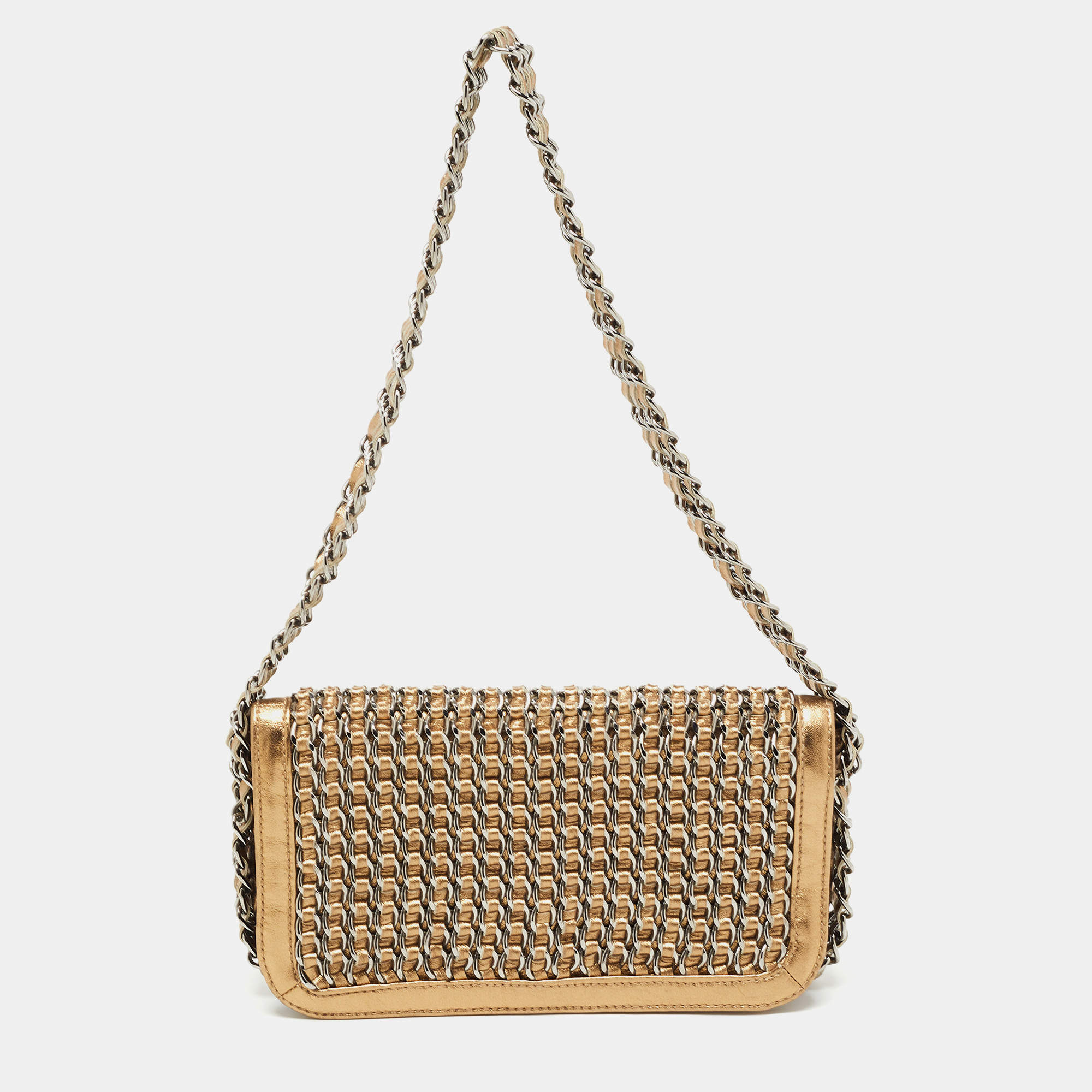 Pre Owned Chanel Gold Leather Triple Chain Flap Bag