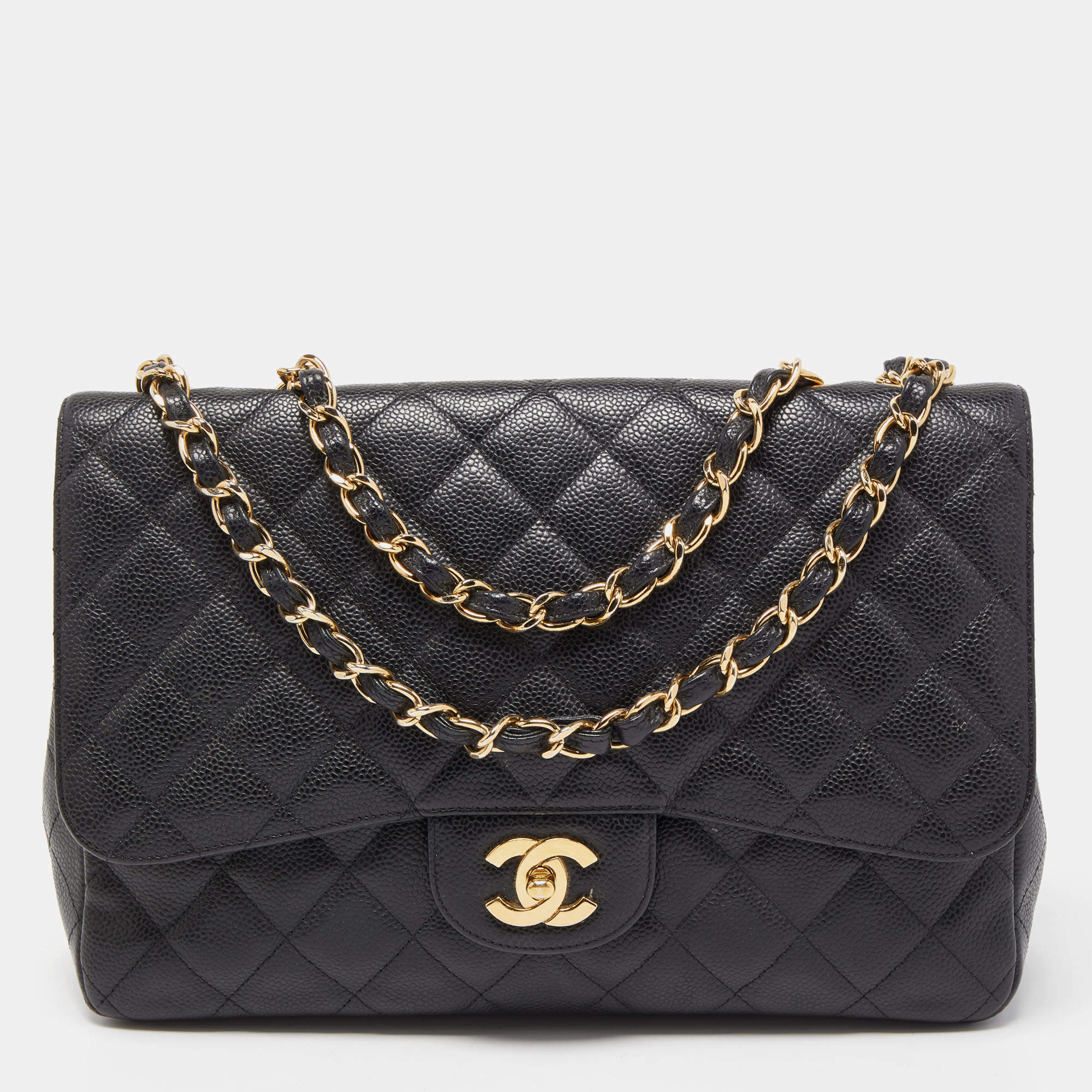 Pre Owned Chanel Black Quilted Caviar Leather Jumbo Classic Single Flap Bag