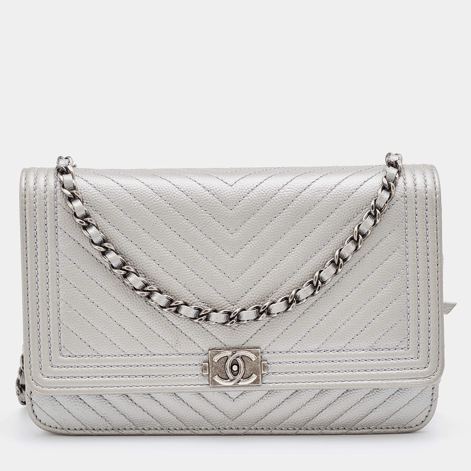 Chanel Caviar Chevron Quilted Wallet On Chain WOC Black