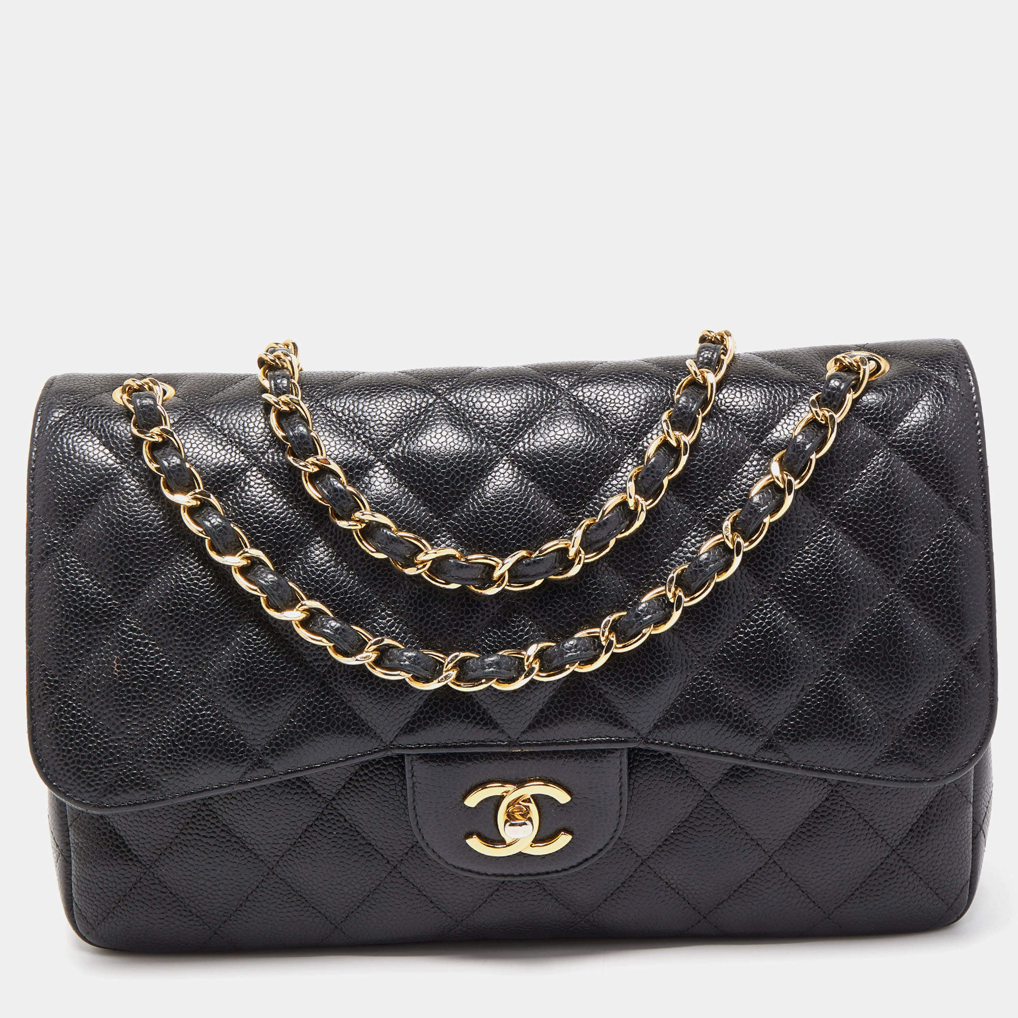 Pre Owned Chanel Black Quilted Caviar Leather Jumbo Classic Double Flap Bag