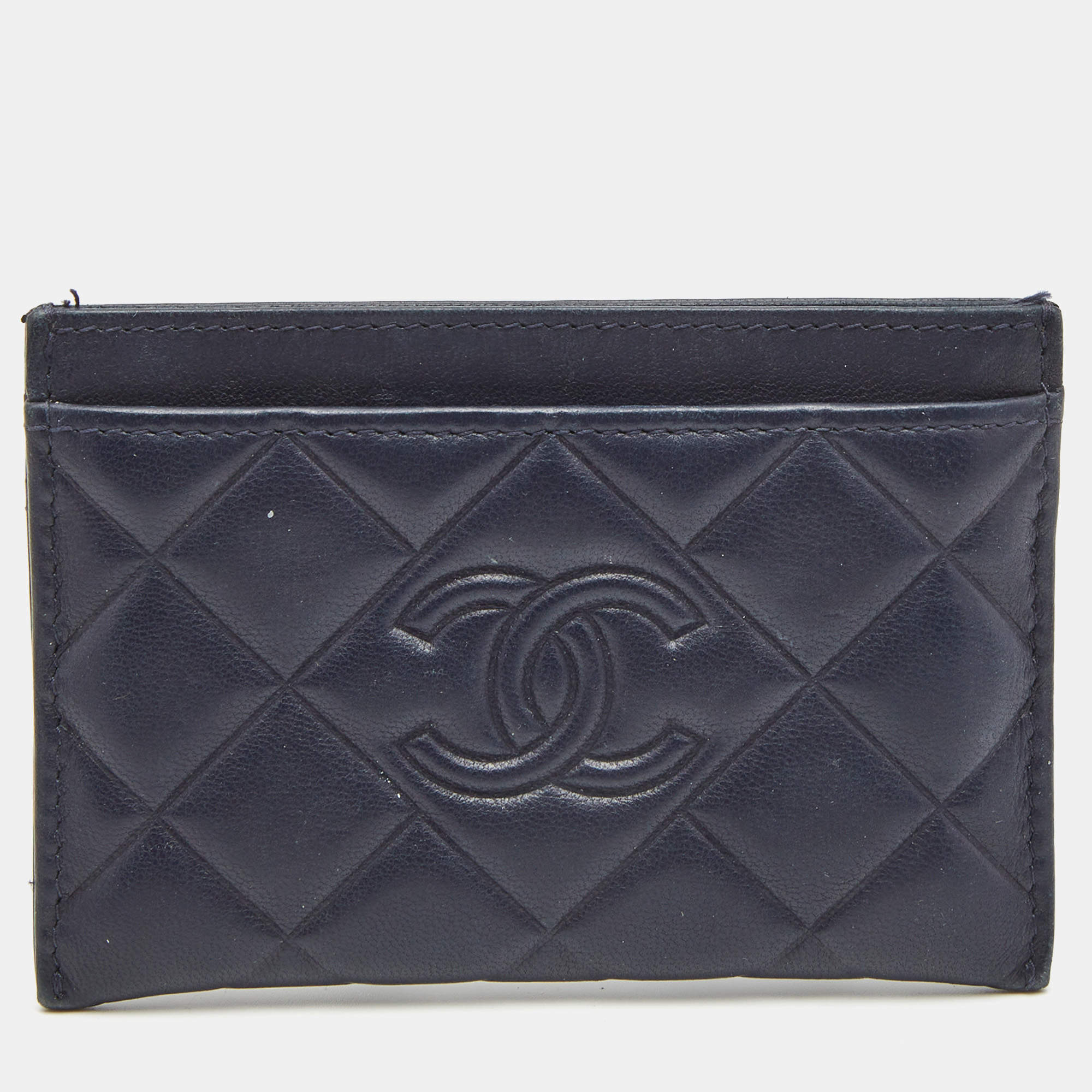 Pre Owned Chanel Navy Blue Quilted Leather CC Diamond Card Holder 