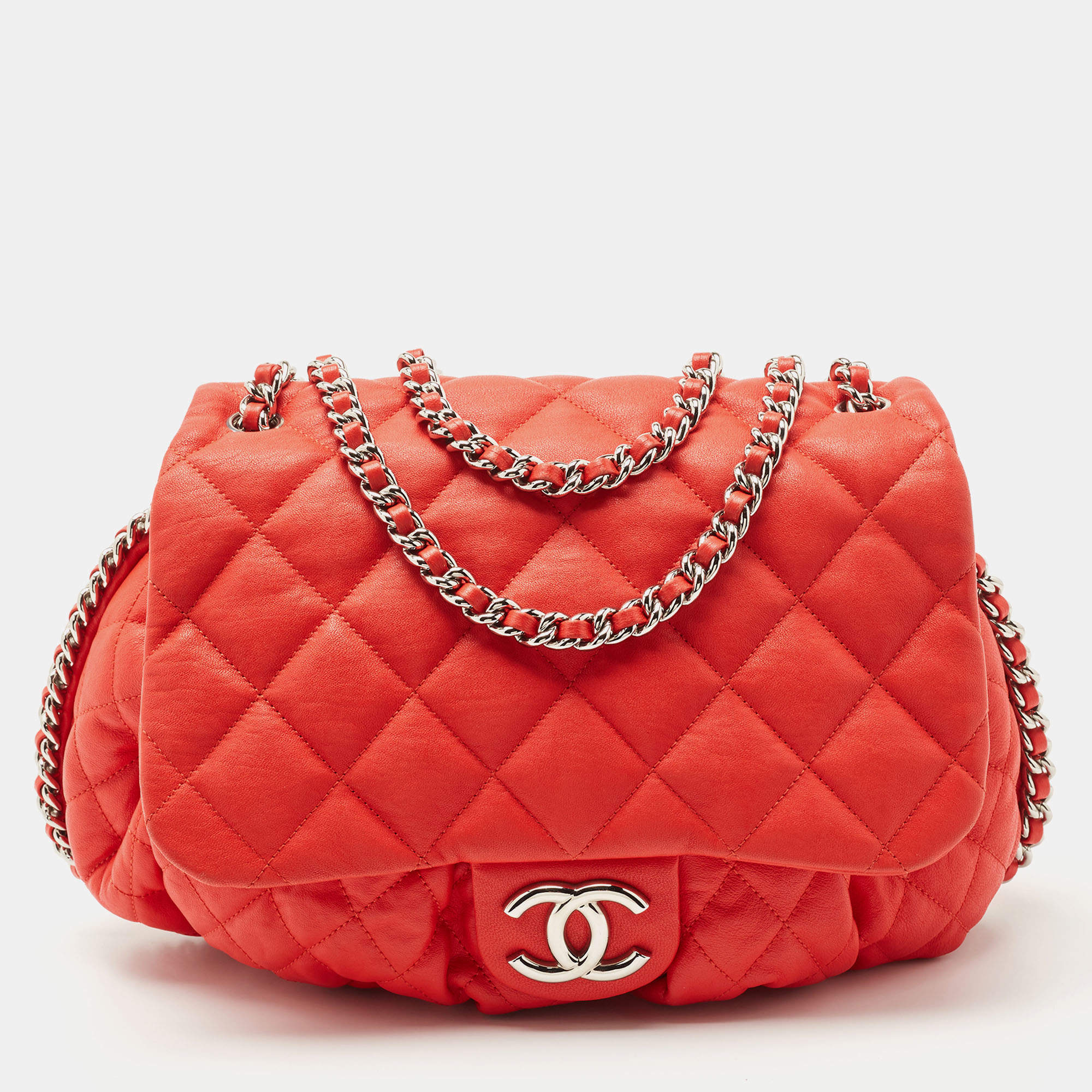 Pre Owned Chanel Red Quilted Leather Chain Around Shoulder Bag