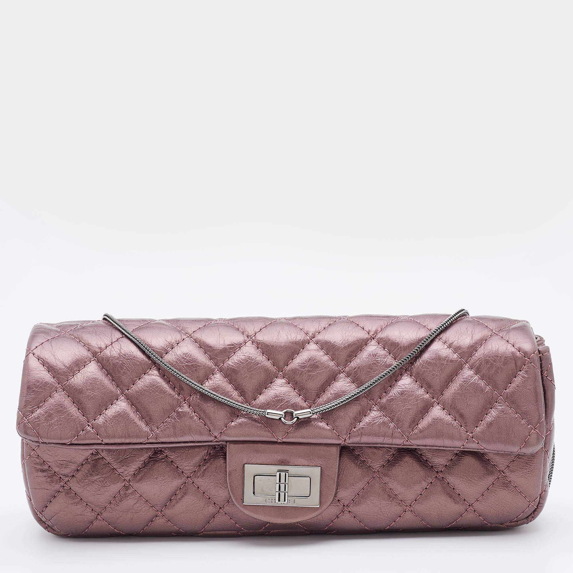 Pre Owned Chanel Metallic Pink Quilted Leather Reissue East/West Chain Clutch 