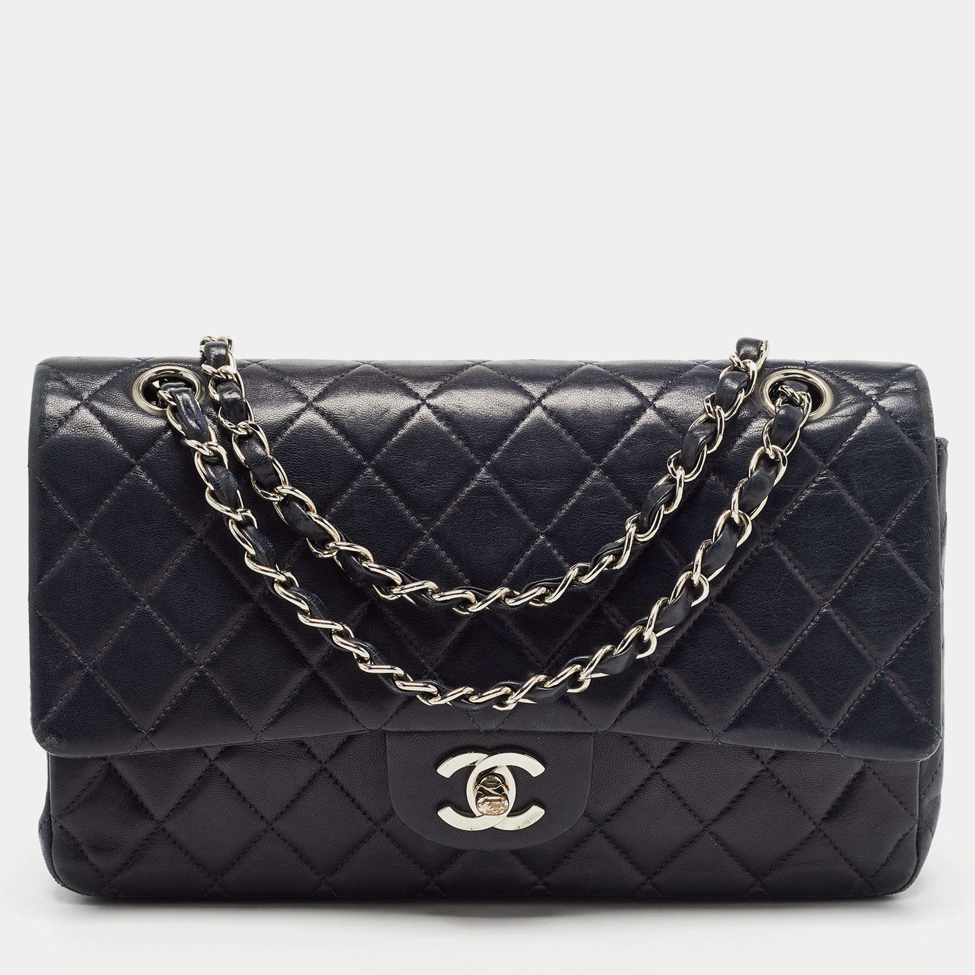 Pre Owned Chanel Dark Blue Leather Medium Classic Double Flap Bag 