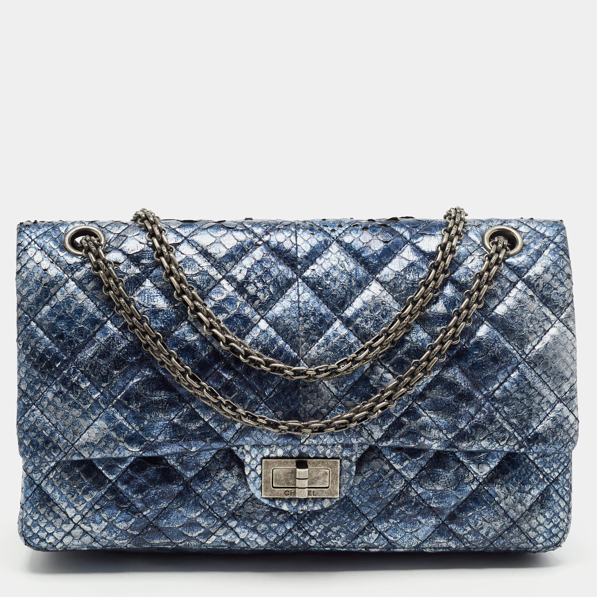 Pre Owned Chanel Blue/Silver Quilted Python Reissue 2.55 Classic 226 Flap Bag