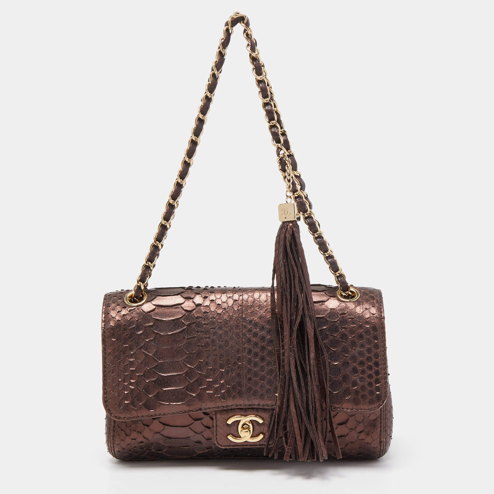 Pre Owned Chanel Bronze Python Medium Soho Tassel Single Flap Bag