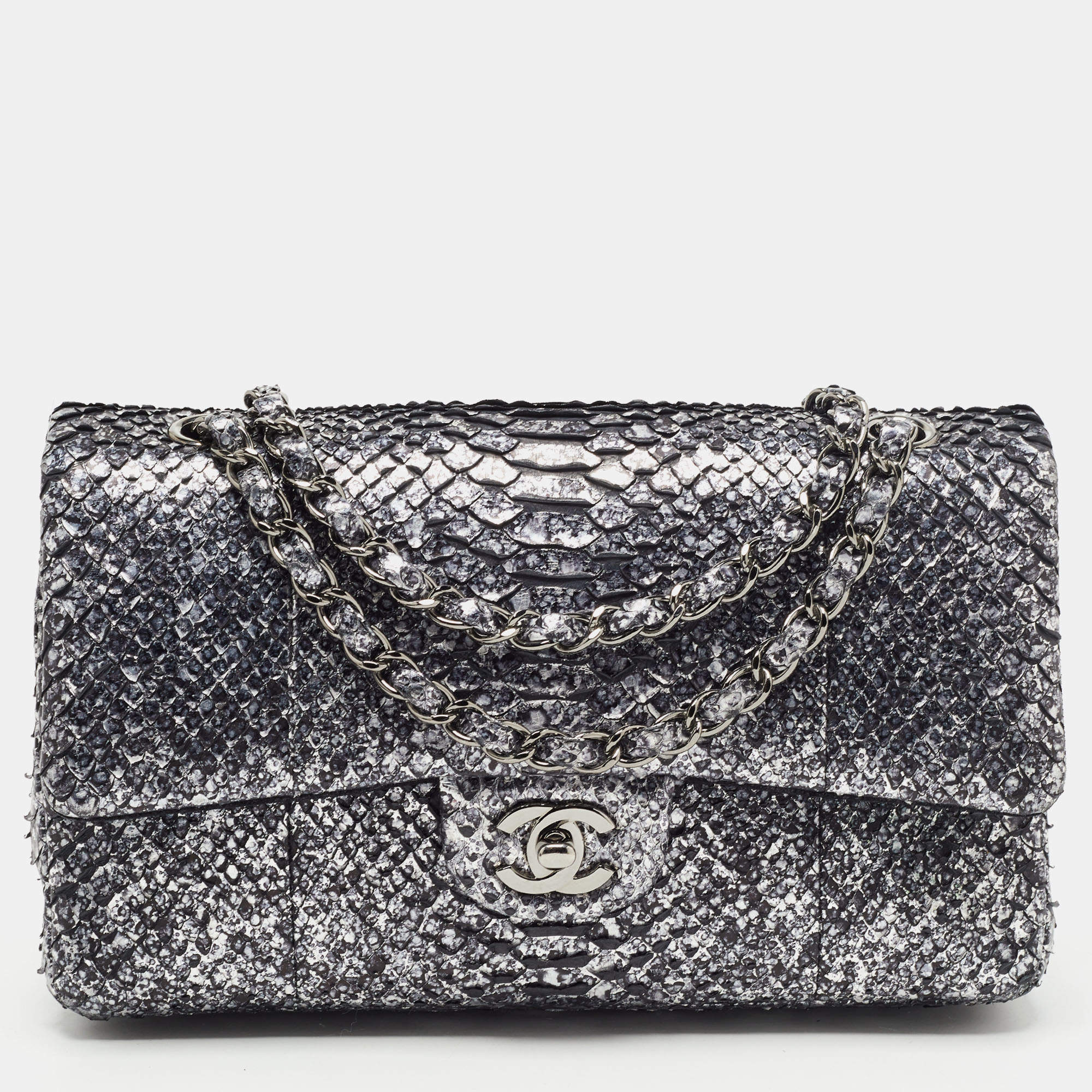 Pre Owned Chanel Silver/Black Python Medium Classic Double Flap Bag
