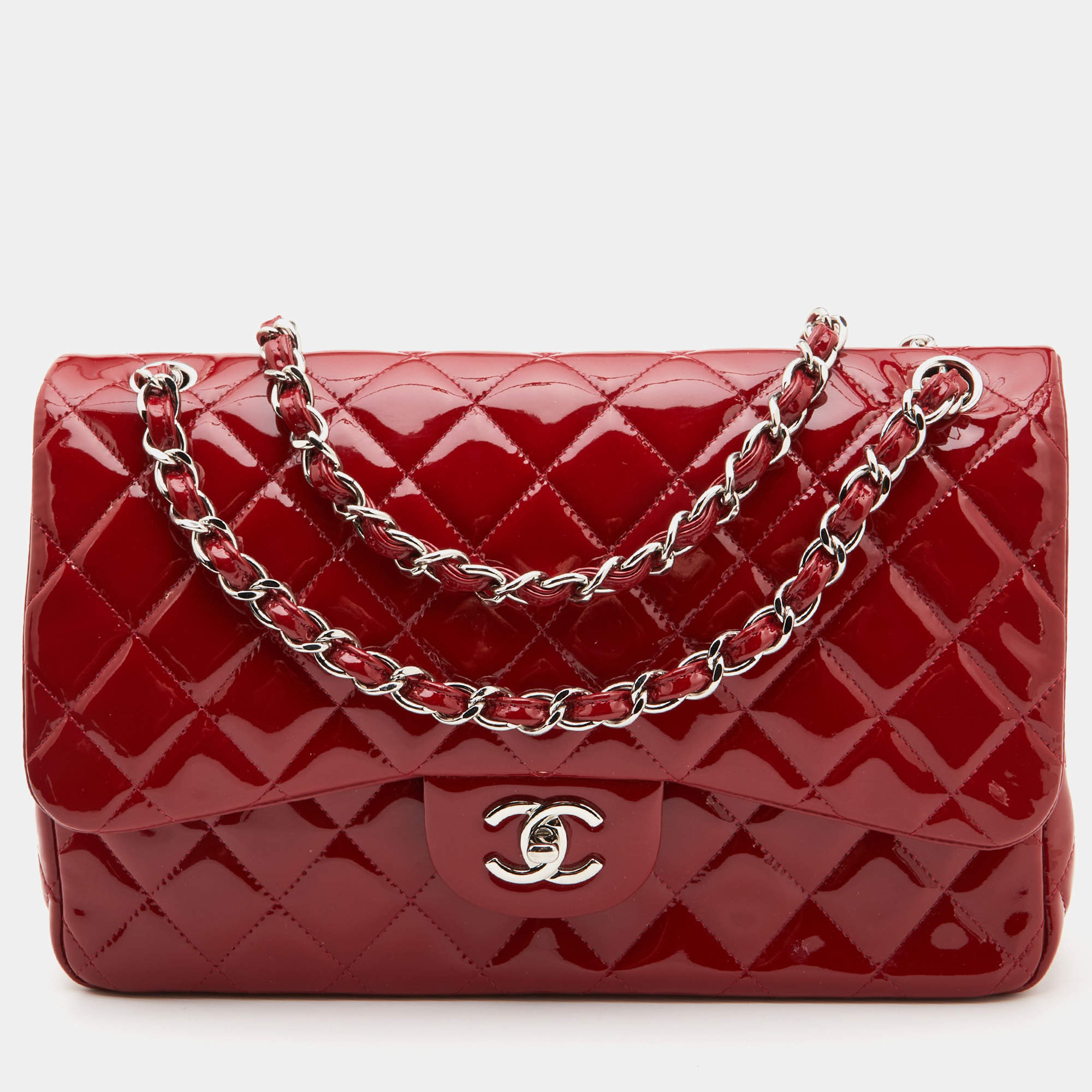 Pre Owned Chanel Red Quilted Patent Leather Jumbo Classic Double Flap Bag